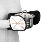 Double Oven Mitts - Black Quilted Kitchen Grabber with Wooden Spoon Design