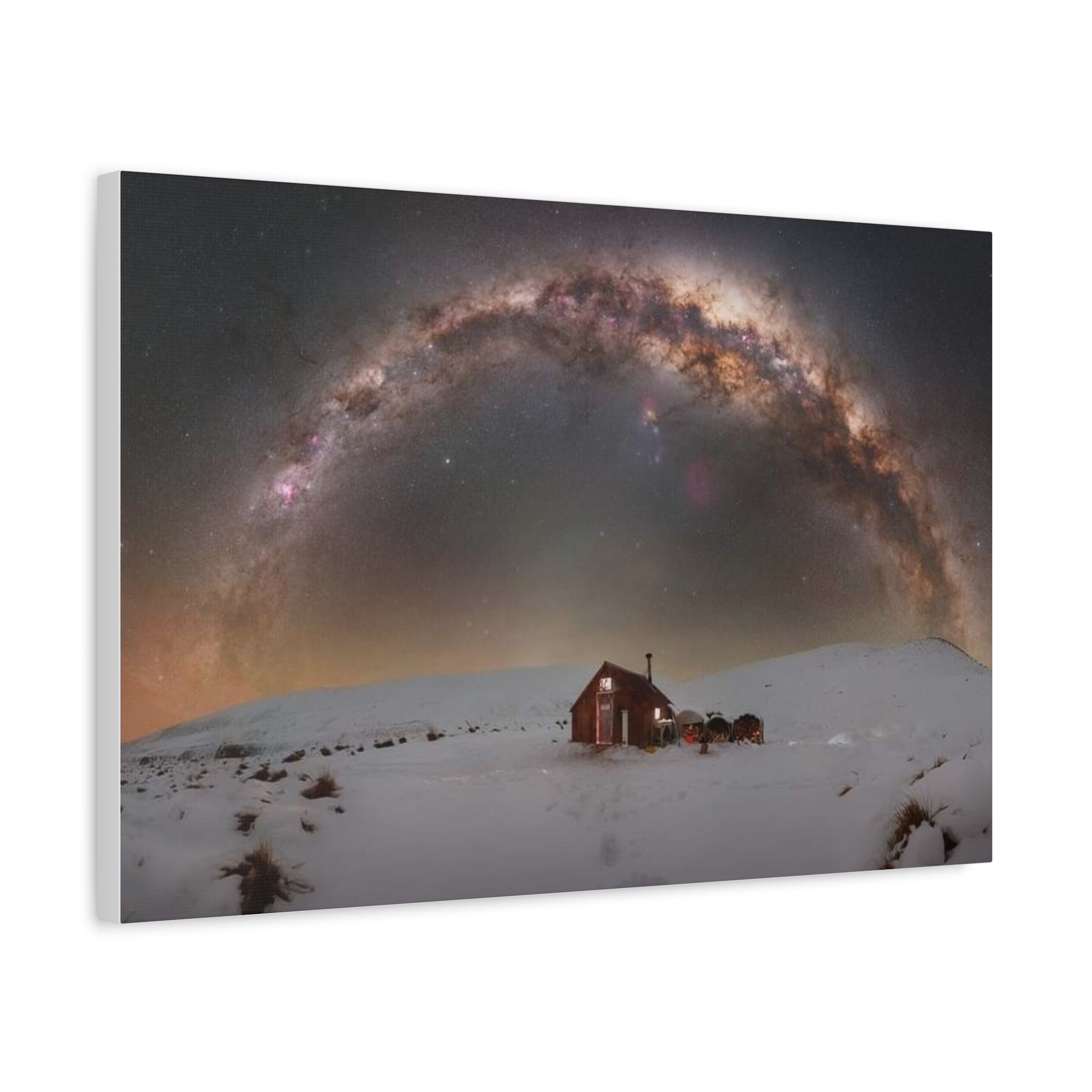 Milky Way Over Snowy Cabin — Matte Stretched Canvas Wall Art