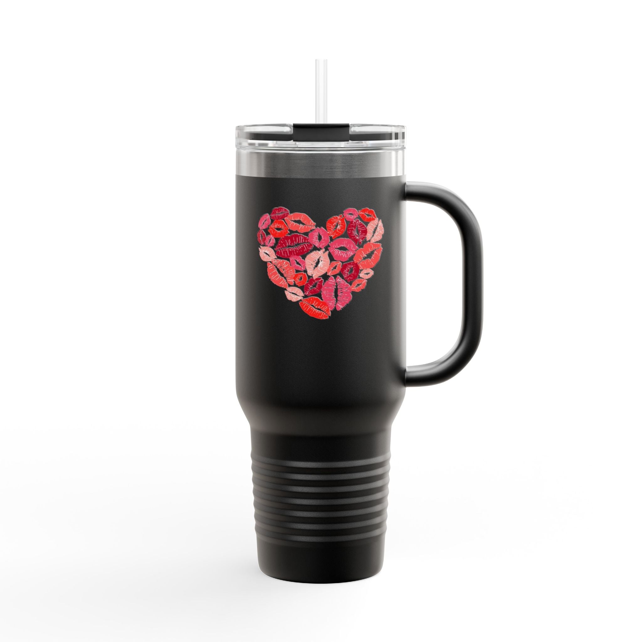 40oz Insulated Travel Mug — Pink Lipstick Kiss Heart Design