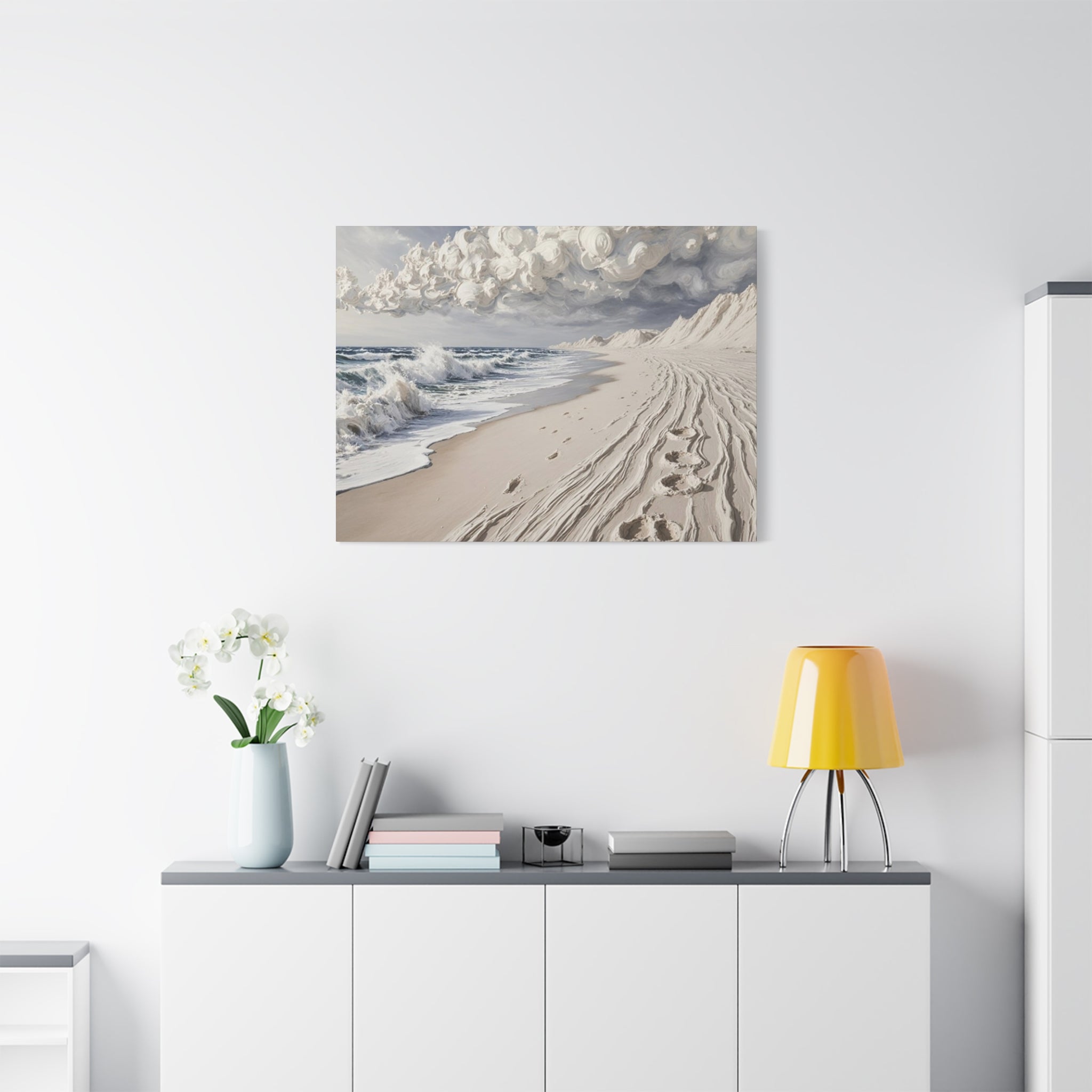 Coastal Serenity Matte Canvas Wall Art — Ocean Waves & Sandy Footprints