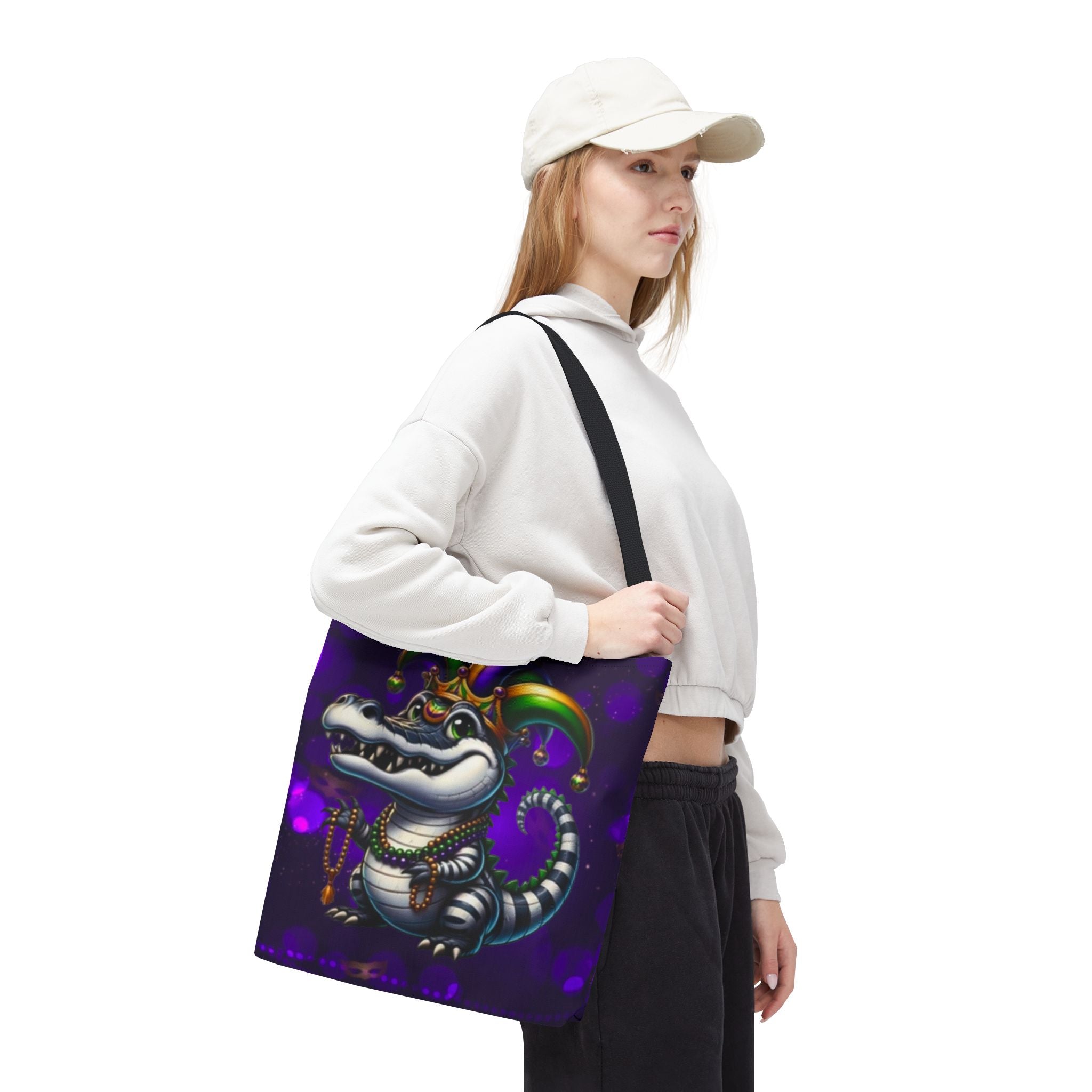Mardi Gras Gator Tote Bag — Festive Jester Alligator Print