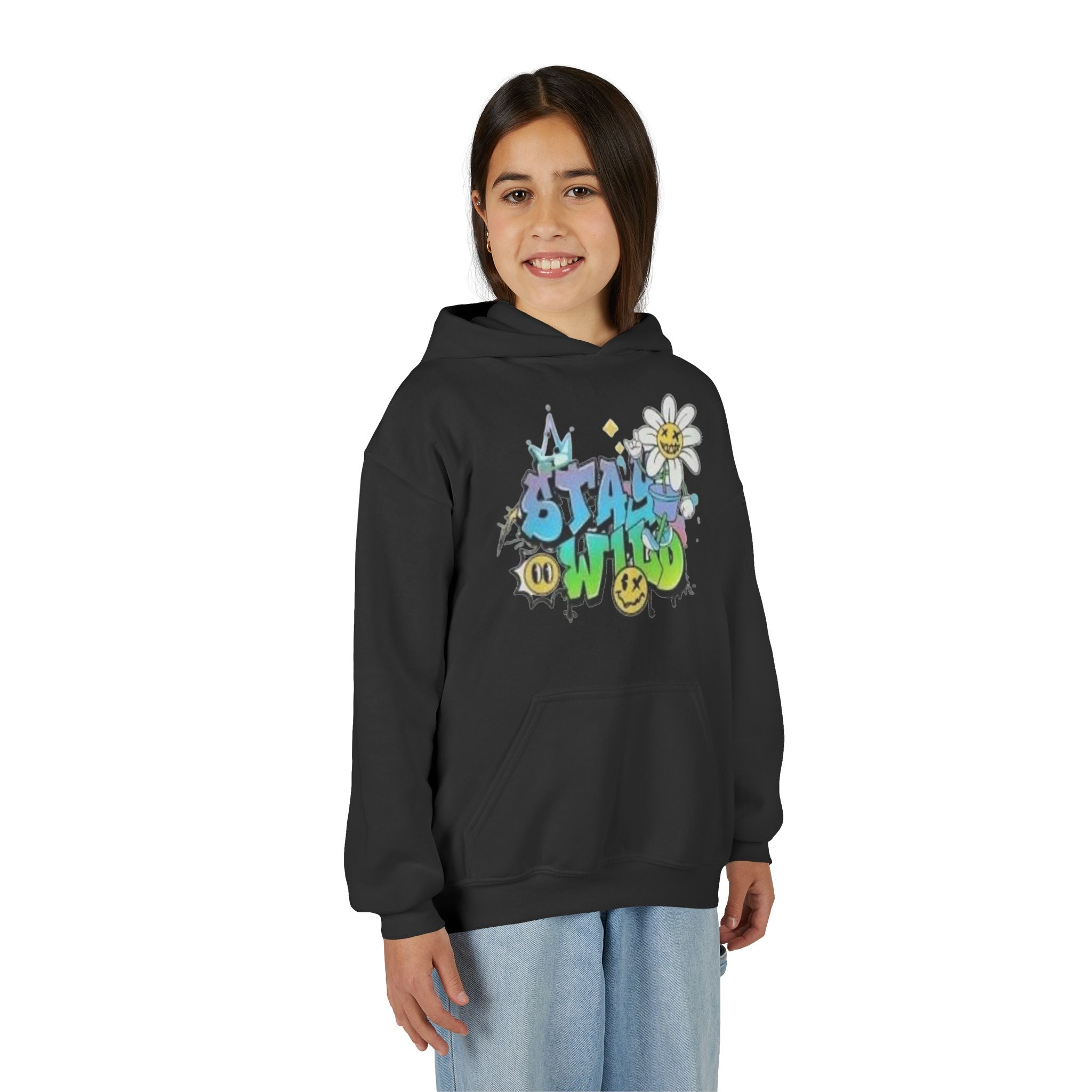 Youth Hoodie — "Stay Wild" Graffiti Daisy Streetwear
