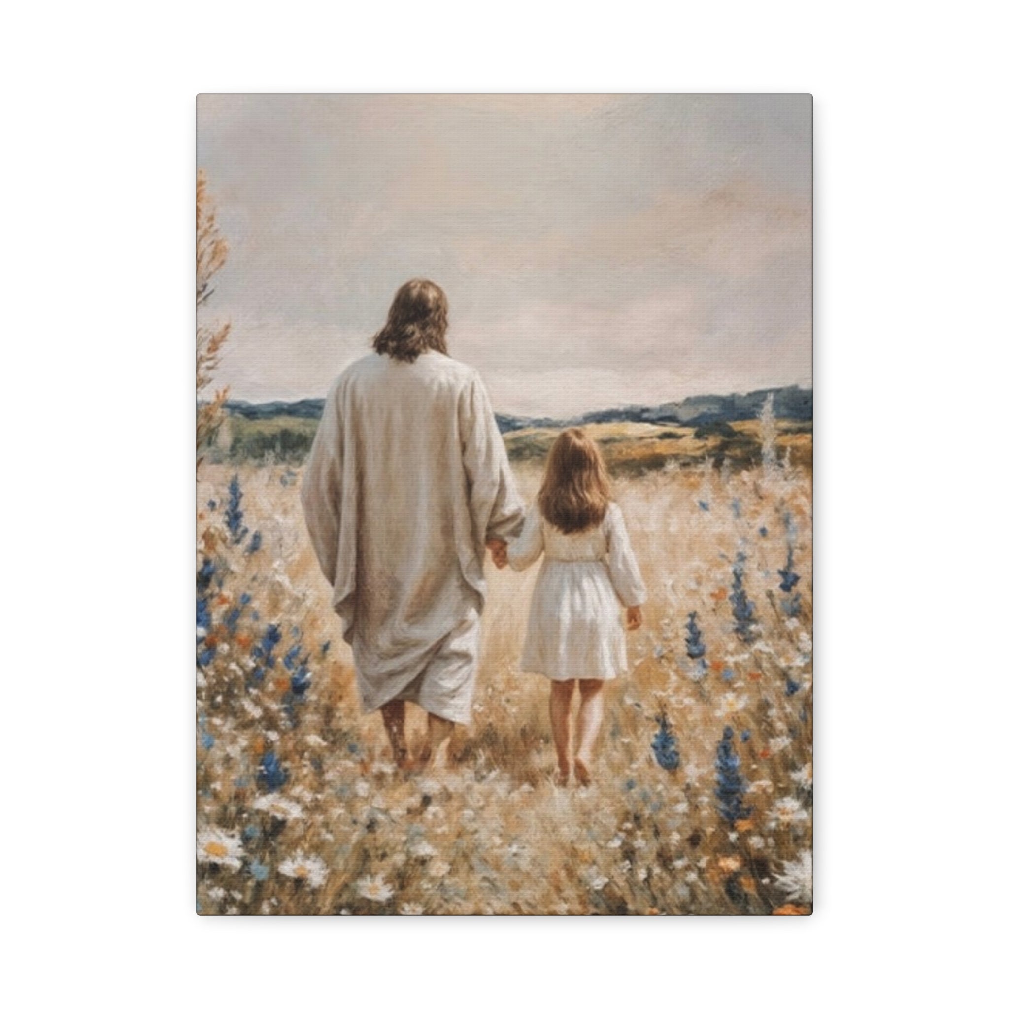 Jesus and Child Walking in Field Canvas Art - Religious Wall Decor