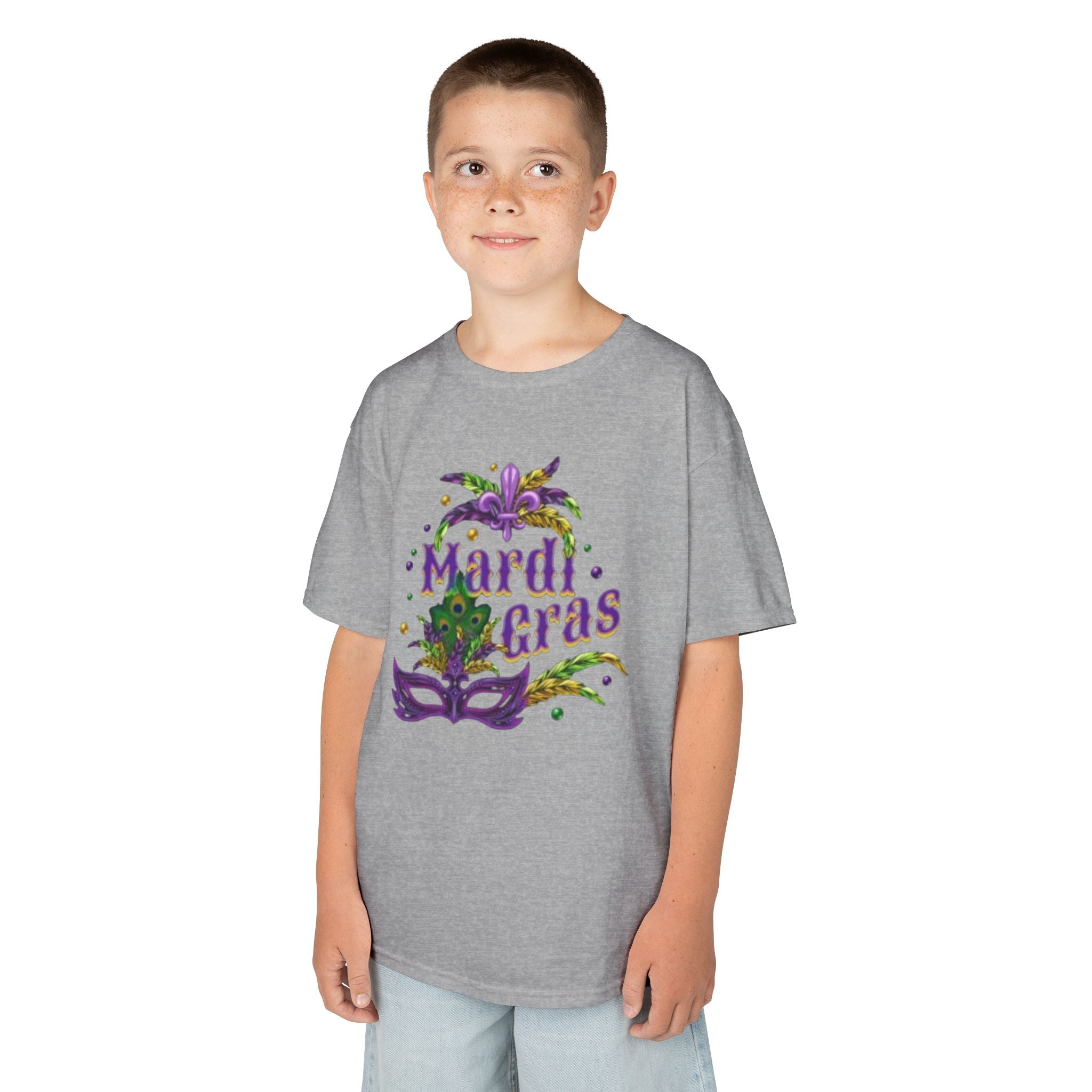 Kids Mardi Gras T-Shirt — Purple & Green Mask Design