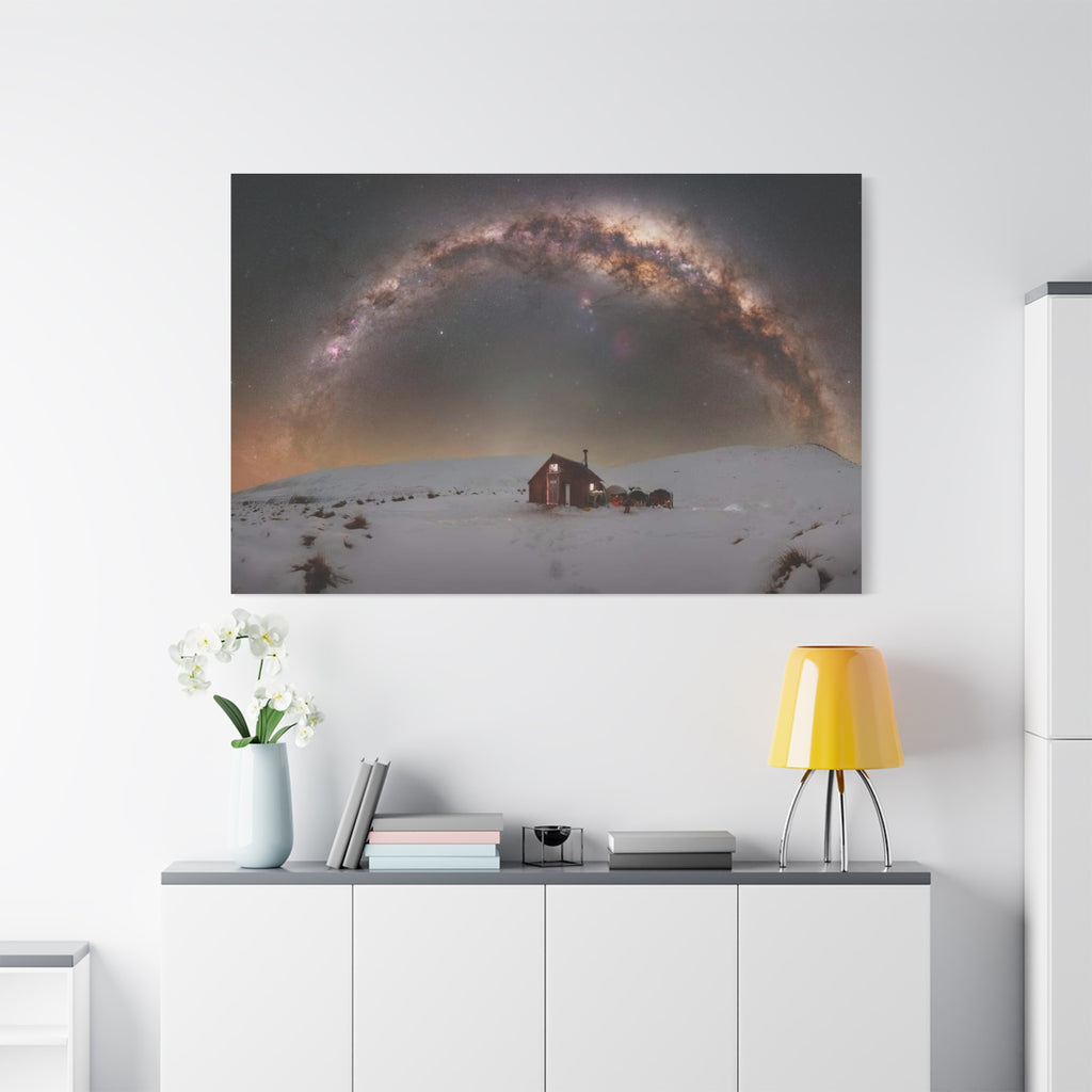 Milky Way Over Snowy Cabin — Matte Stretched Canvas Wall Art