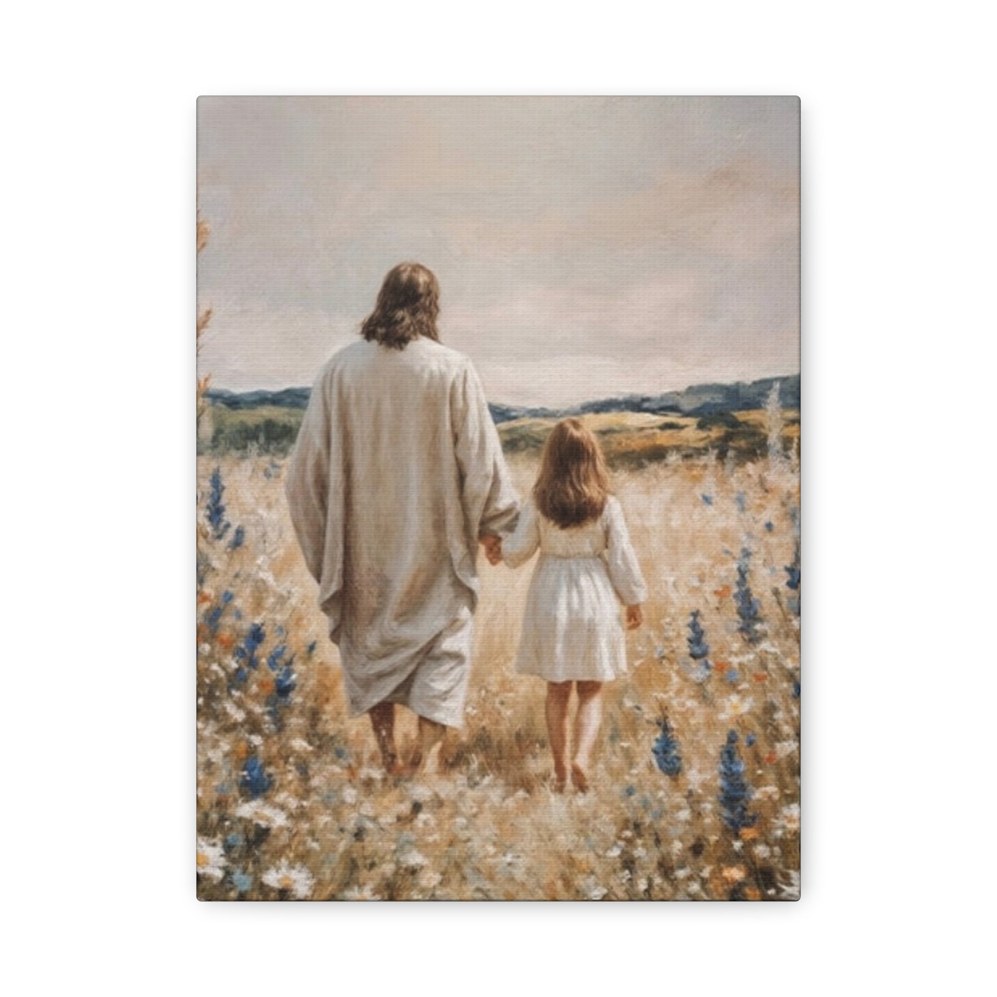Jesus and Child Walking in Field Canvas Art - Religious Wall Decor