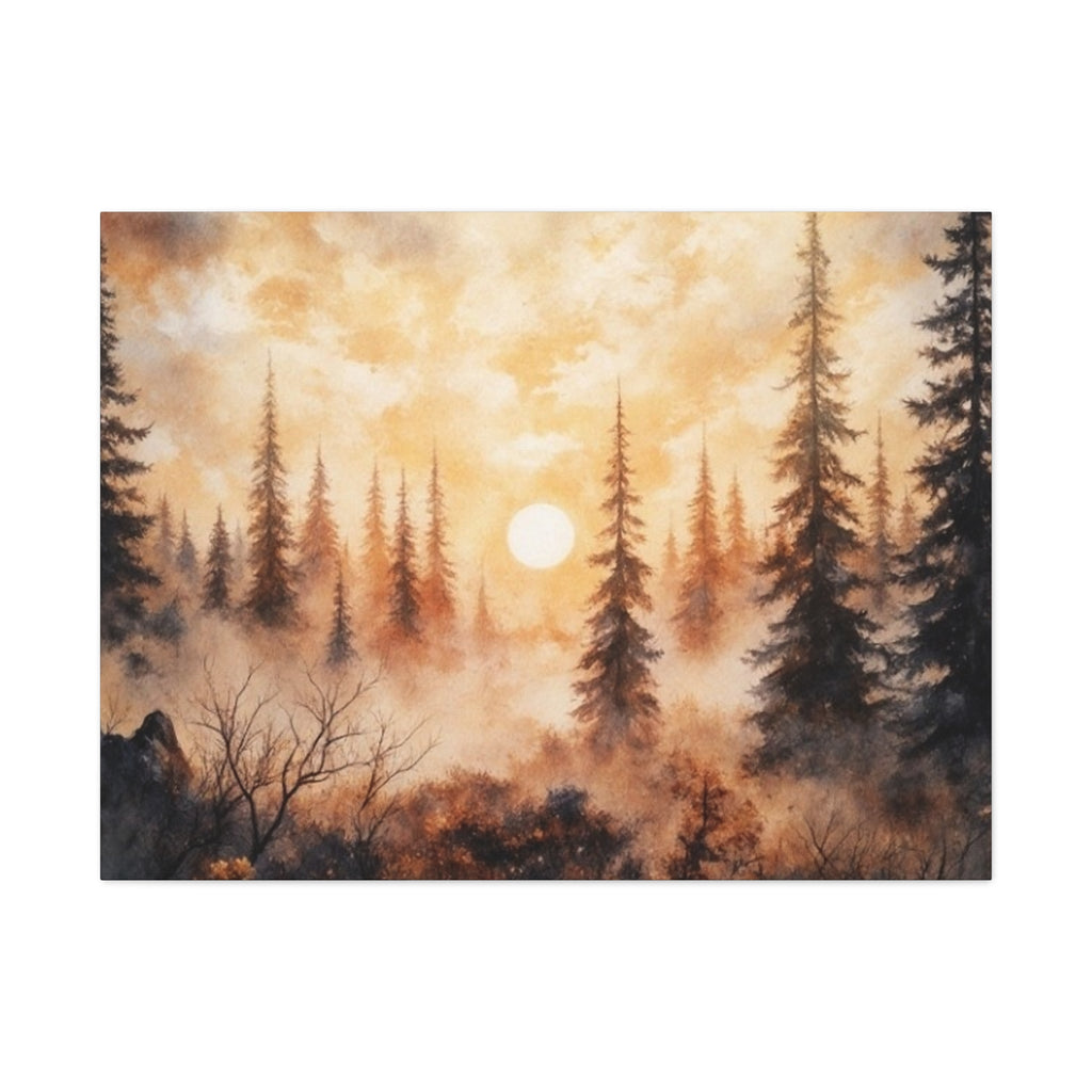 Canvas Wall Art - Misty Pine Forest Sunrise Matte Stretched Canvas