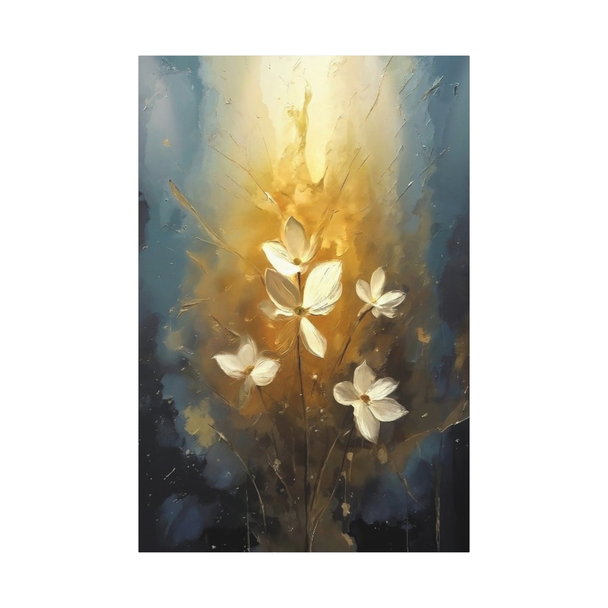Golden Floral Canvas Print – Abstract White Flowers on Matte Stretched Canvas
