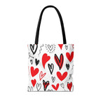 Heart Pattern Tote Bag — Red & Black Doodle Hearts All-Over Print