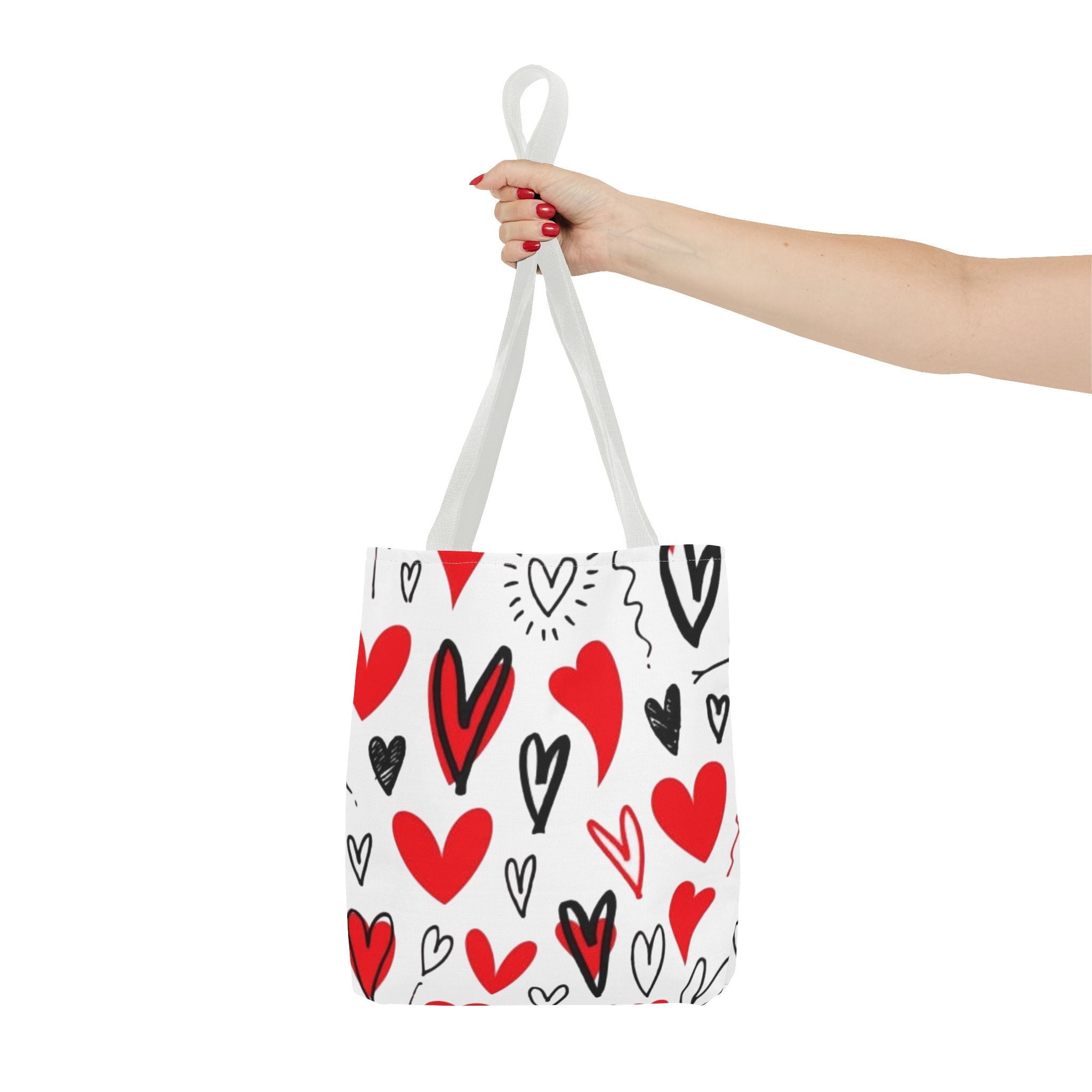 Heart Pattern Tote Bag — Red & Black Doodle Hearts All-Over Print