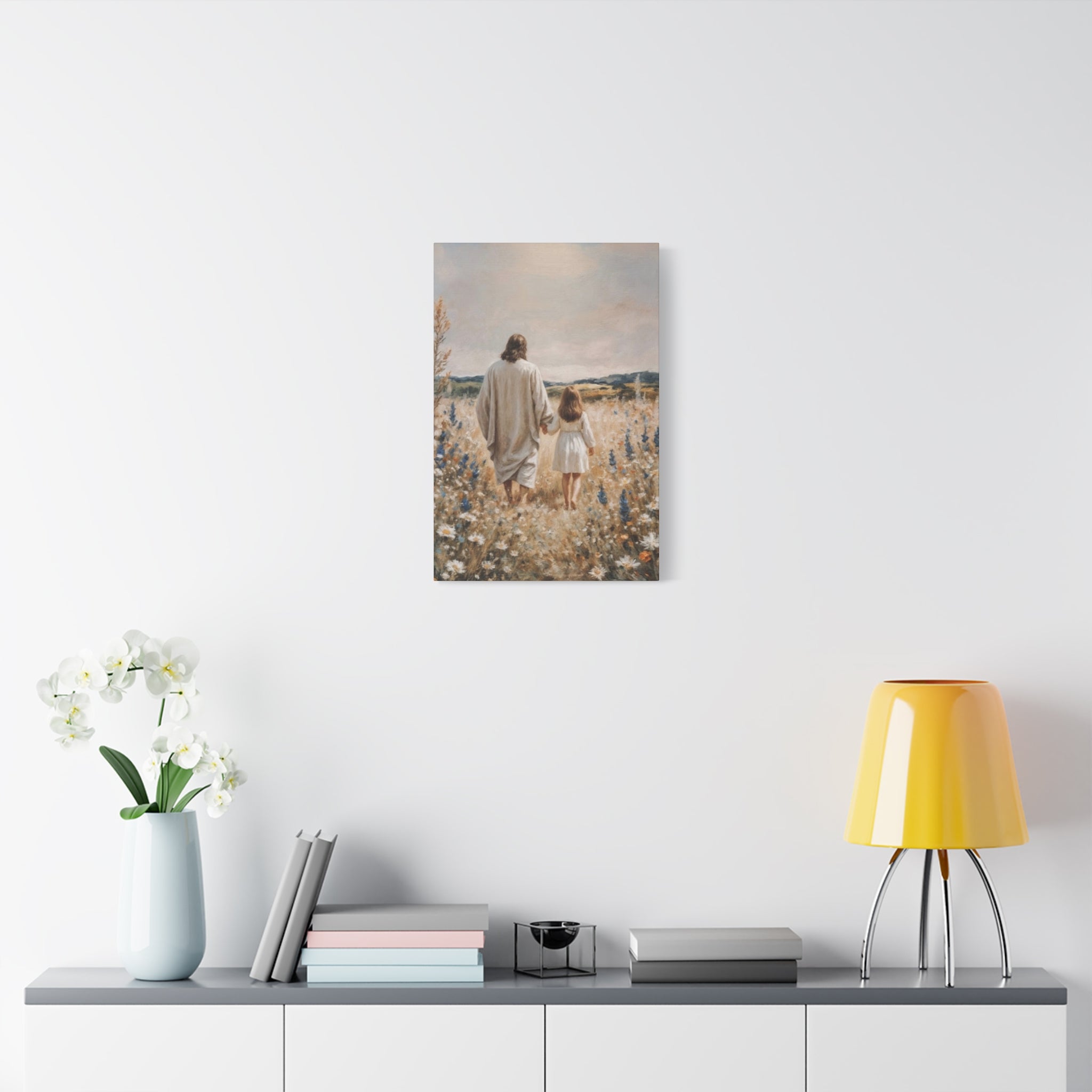 Jesus and Child Walking in Field Canvas Art - Religious Wall Decor