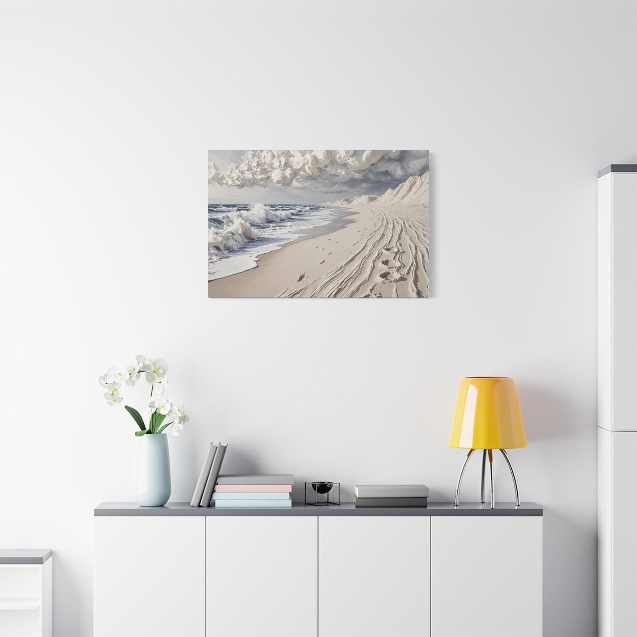 Coastal Serenity Matte Canvas Wall Art — Ocean Waves & Sandy Footprints