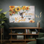 Be Still & Know I Am God Canvas Wall Art — Sunflowers & Hummingbird Psalm 46:10