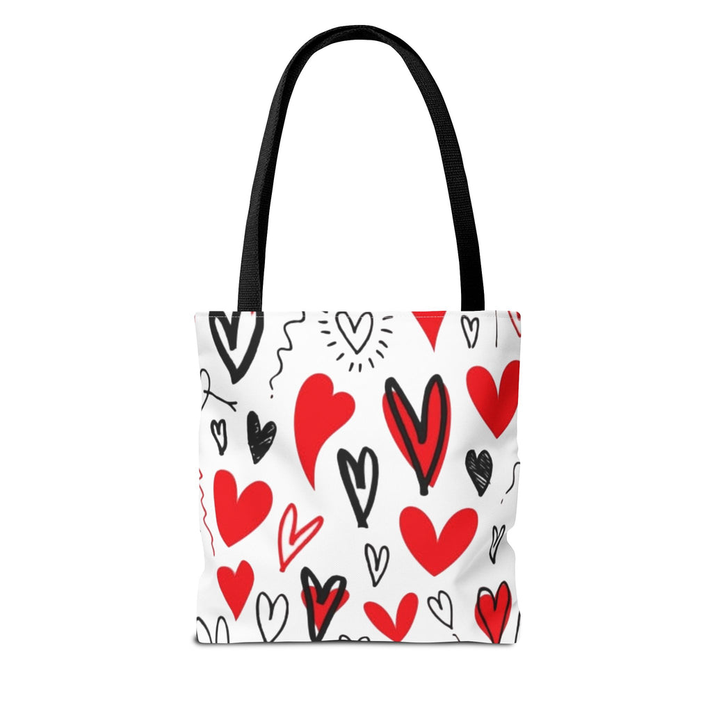 Heart Pattern Tote Bag — Red & Black Doodle Hearts All-Over Print