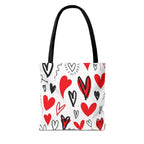 Heart Pattern Tote Bag — Red & Black Doodle Hearts All-Over Print