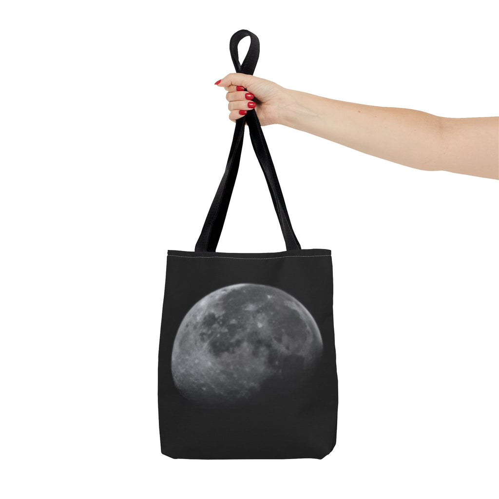 Full Moon Black Tote Bag — Moon Phase AOP Canvas Tote for Night Lovers