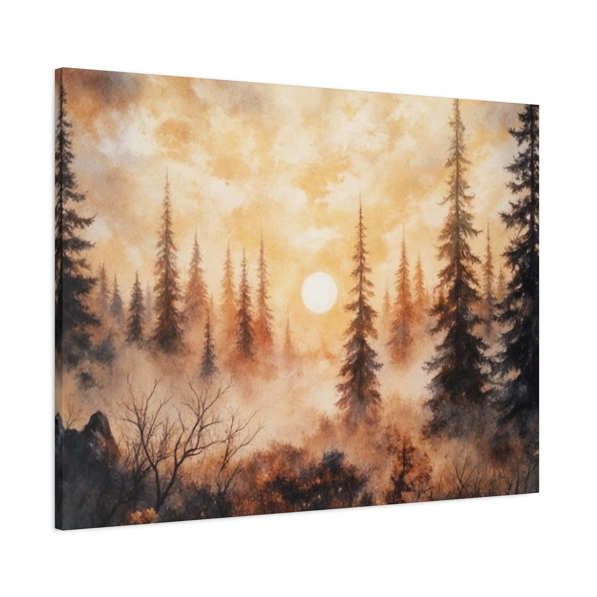 Canvas Wall Art - Misty Pine Forest Sunrise Matte Stretched Canvas