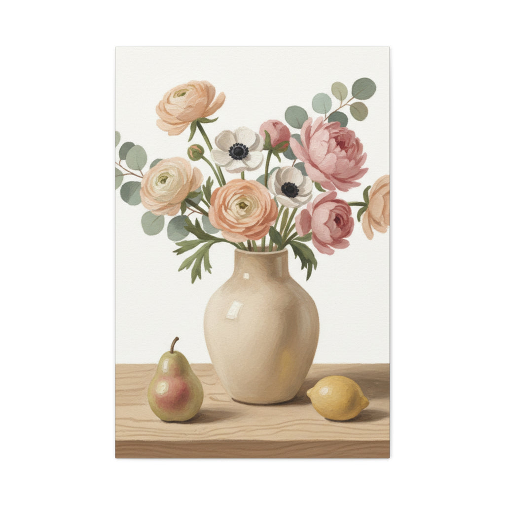 Floral Vase Canvas Wall Art — Pastel Peonies & Ranunculus Stretched Print