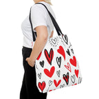 Heart Pattern Tote Bag — Red & Black Doodle Hearts All-Over Print