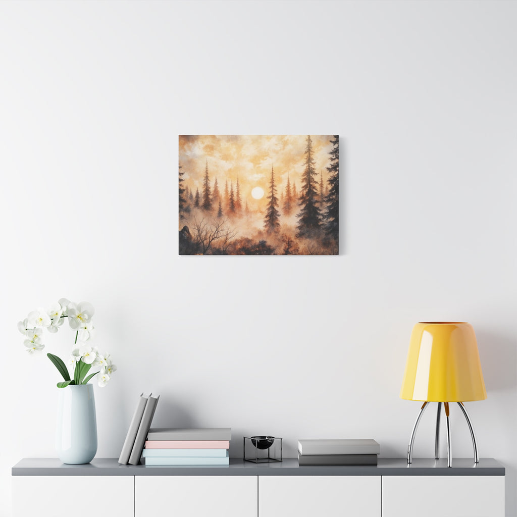 Canvas Wall Art - Misty Pine Forest Sunrise Matte Stretched Canvas