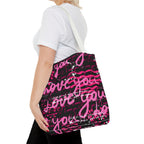 Love You Script Pattern Tote Bag – Pink Graffiti All-Over Print