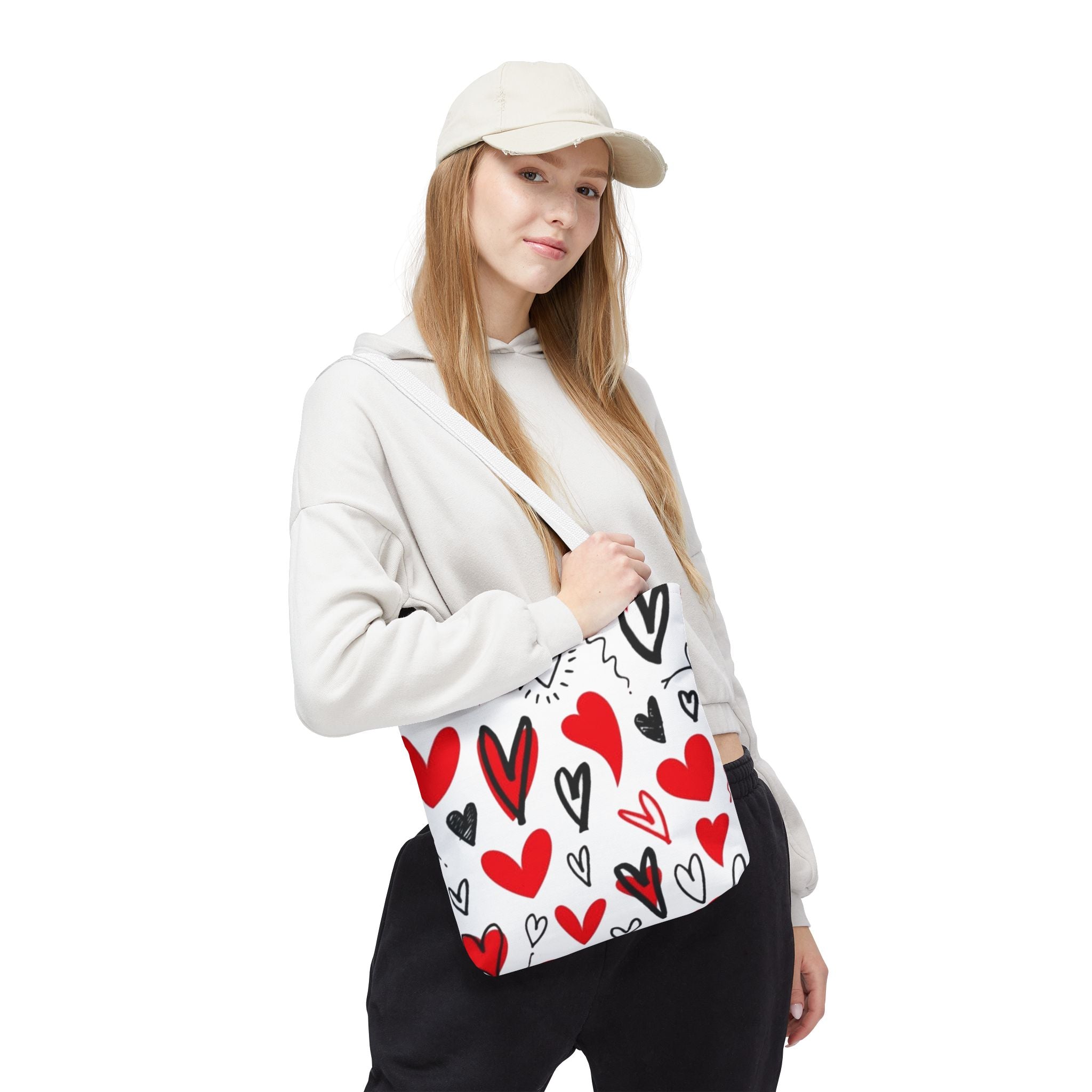 Heart Pattern Tote Bag — Red & Black Doodle Hearts All-Over Print