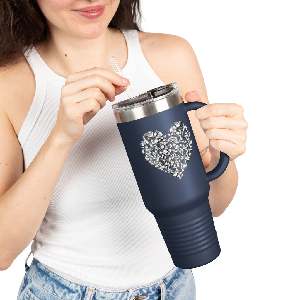 40oz Insulated Travel Mug — Silver Doodle Heart Design