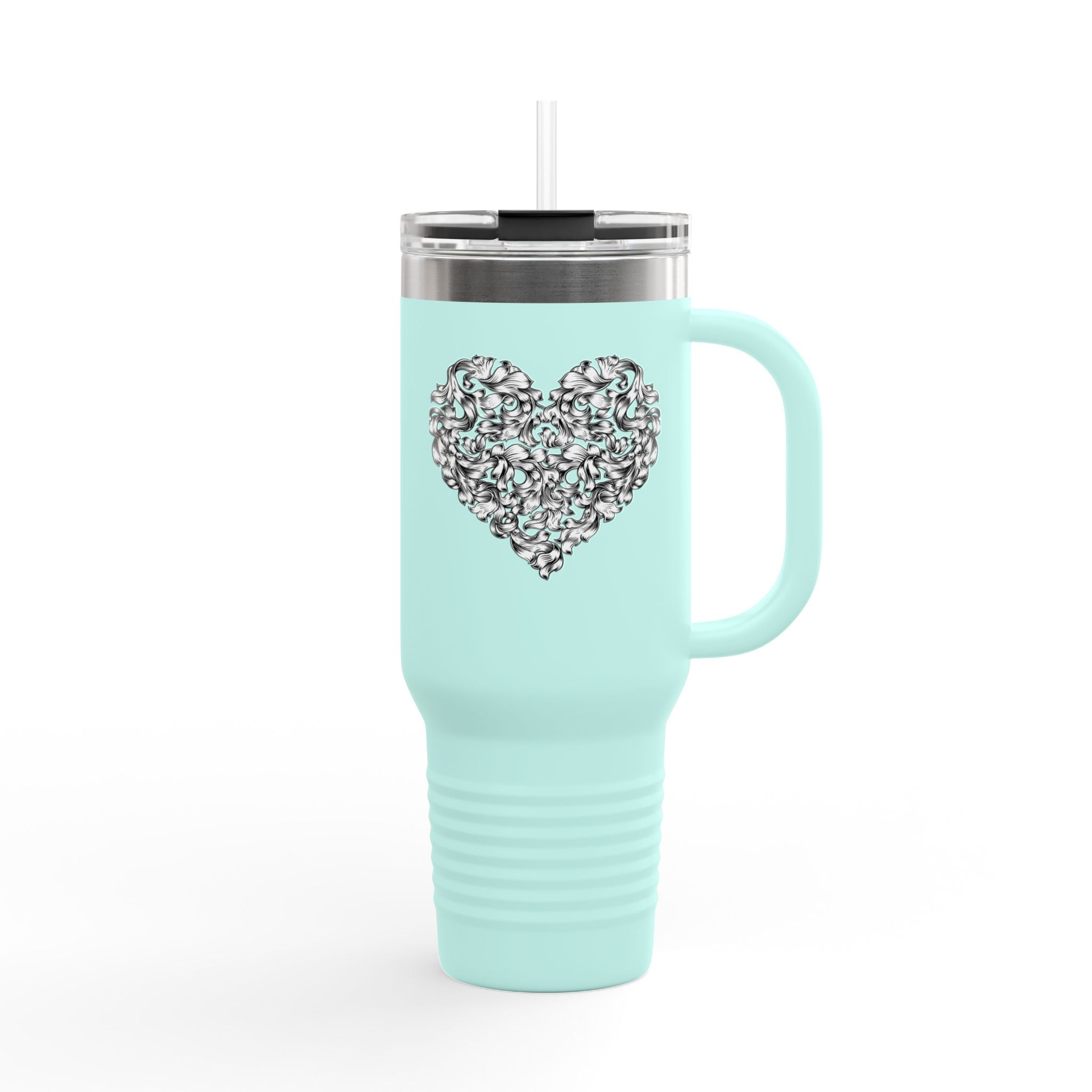 40oz Insulated Travel Mug — Silver Doodle Heart Design