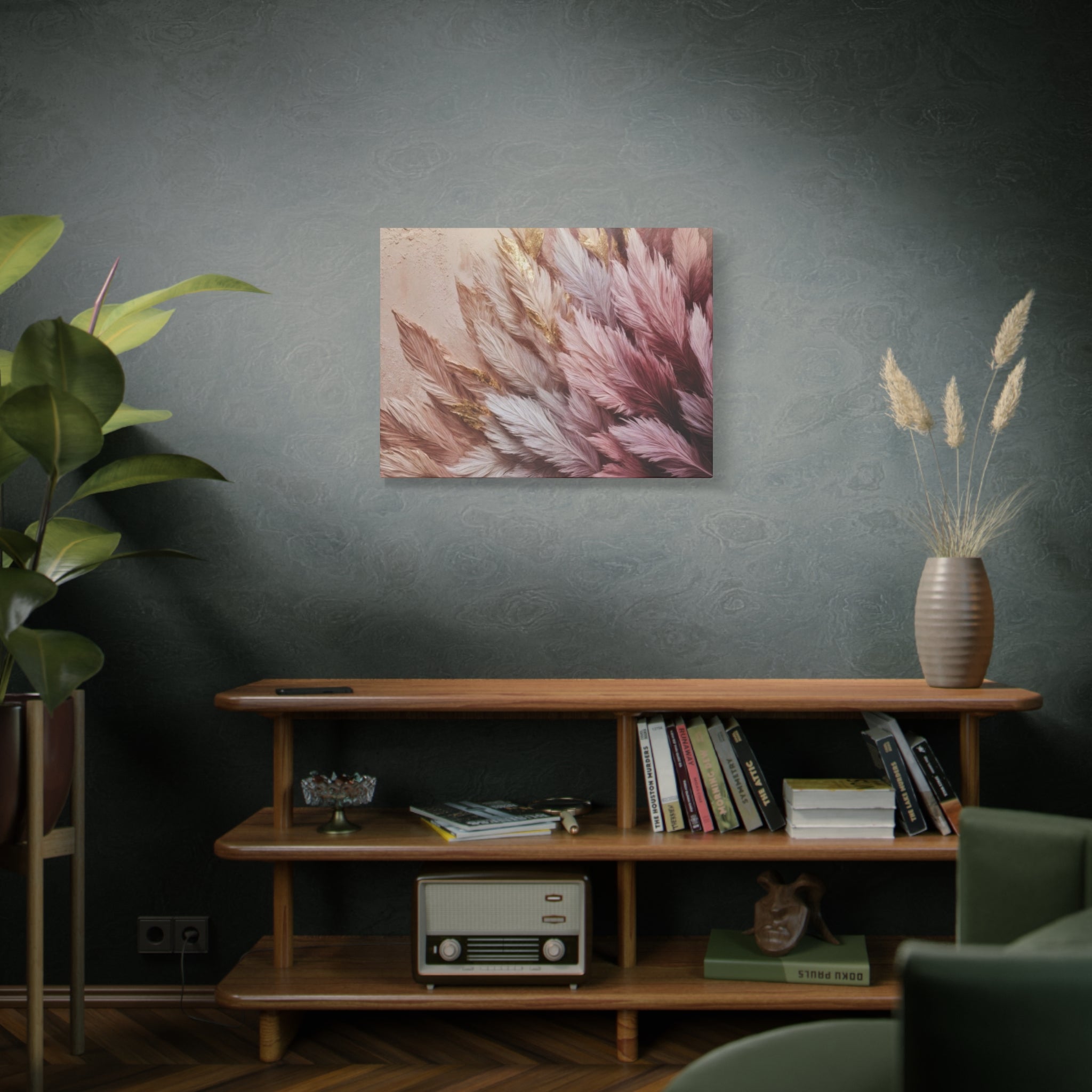 Feathered Pampas Wall Art Canvas — Blush Pink Botanical Decor, Matte Stretched 1.25"