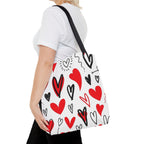 Heart Pattern Tote Bag — Red & Black Doodle Hearts All-Over Print