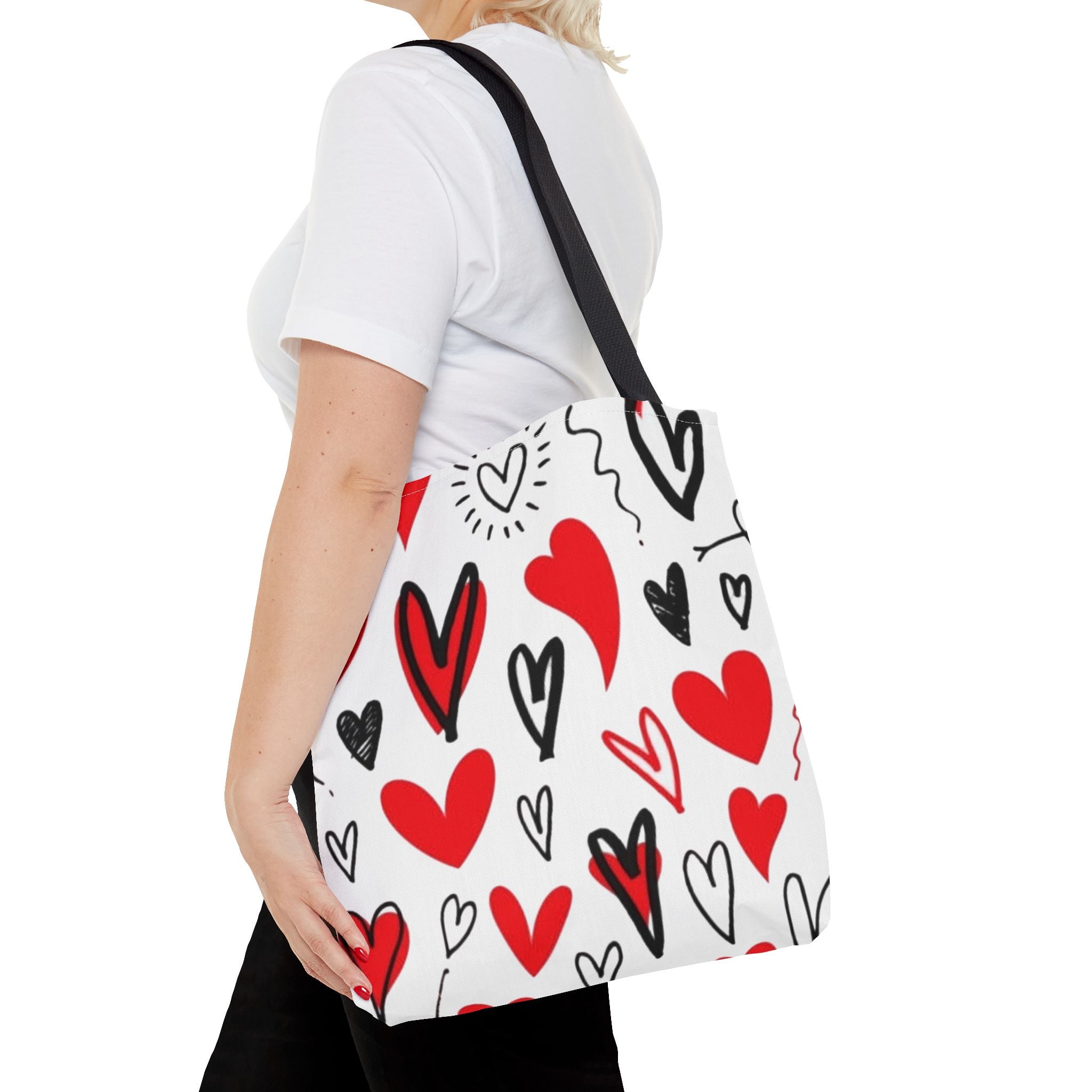 Heart Pattern Tote Bag — Red & Black Doodle Hearts All-Over Print