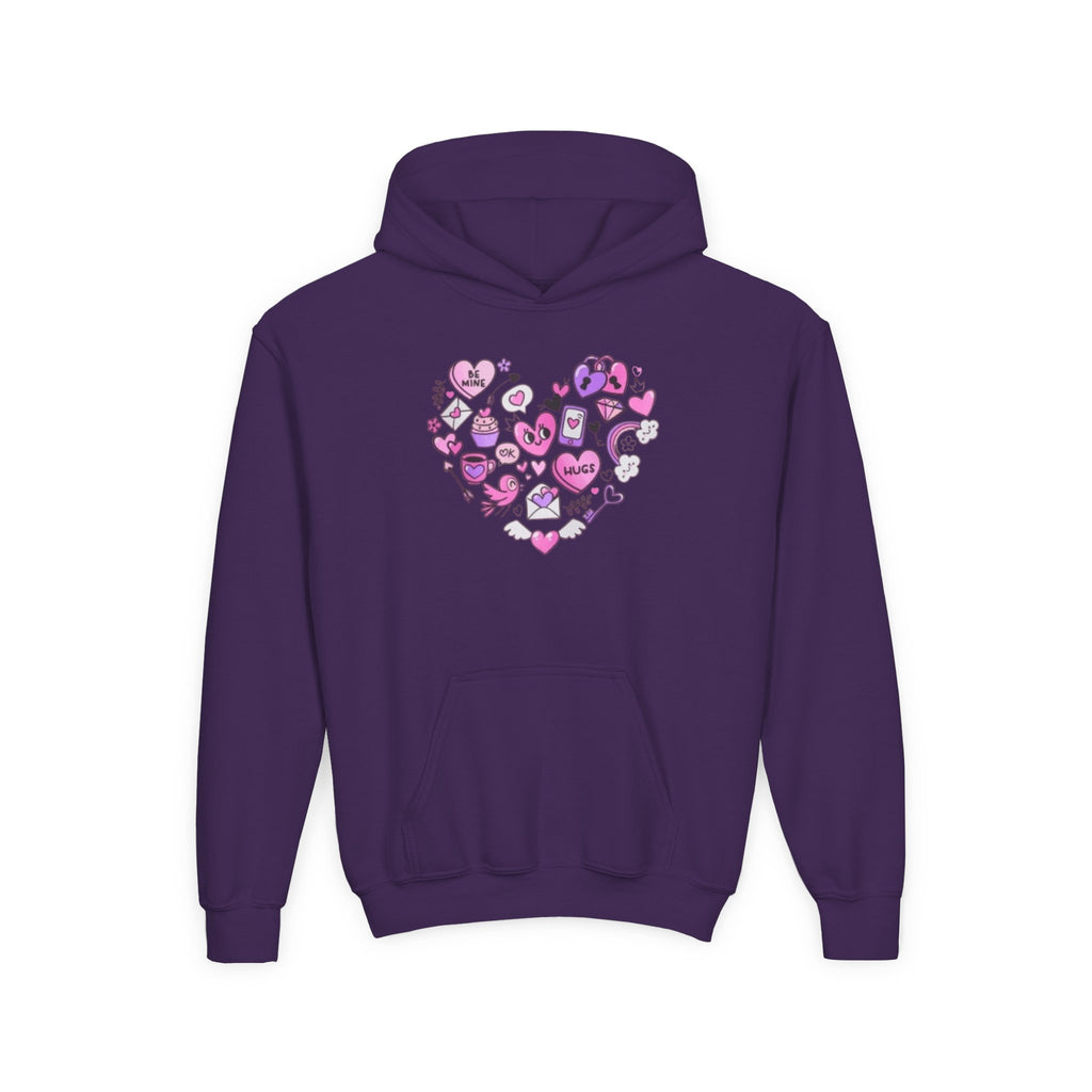 Youth Heart Doodle Hoodie — Pink Valentine Love Graphic Sweatshirt