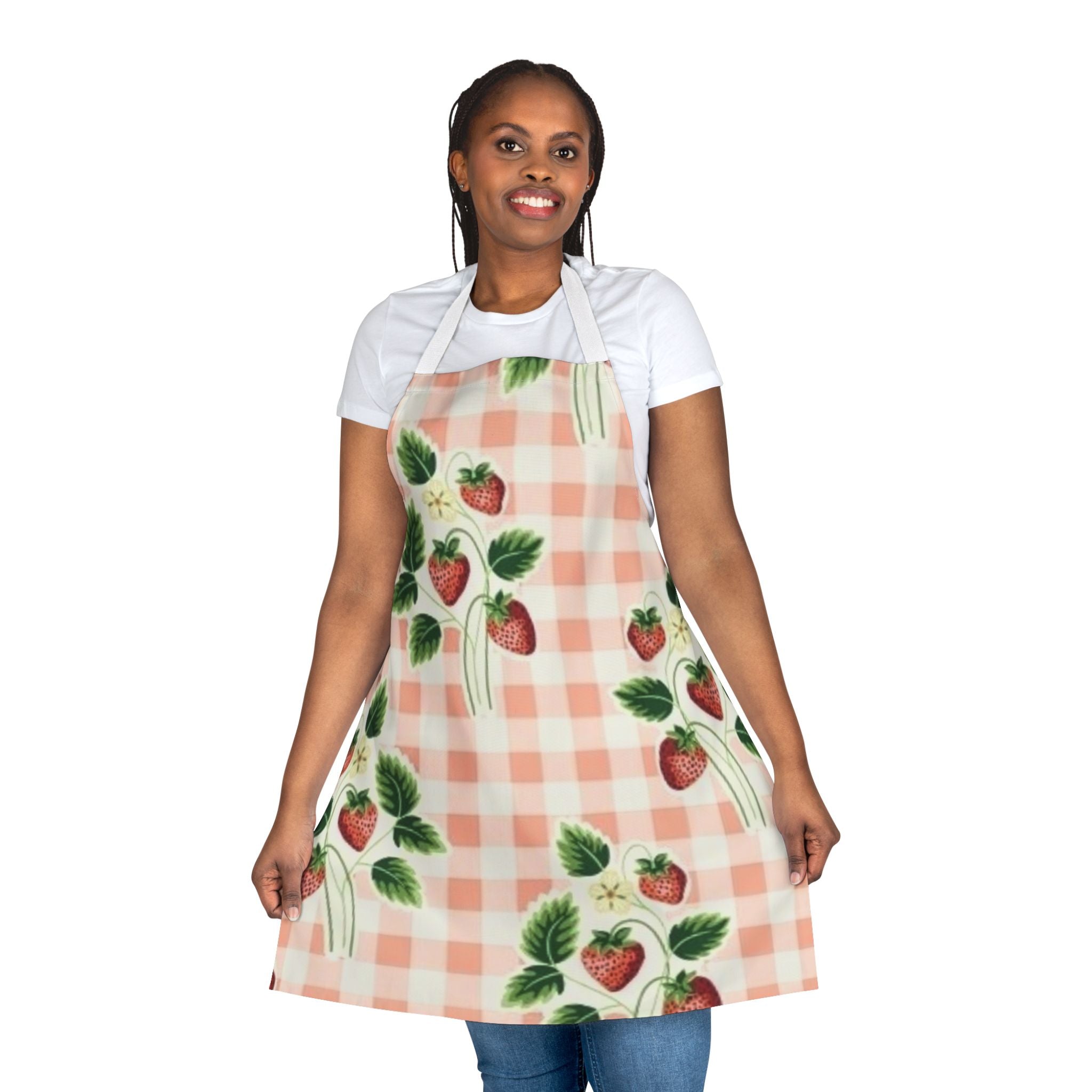 Strawberry Gingham Apron – Vintage Pink Kitchen Apron with Strawberry Print