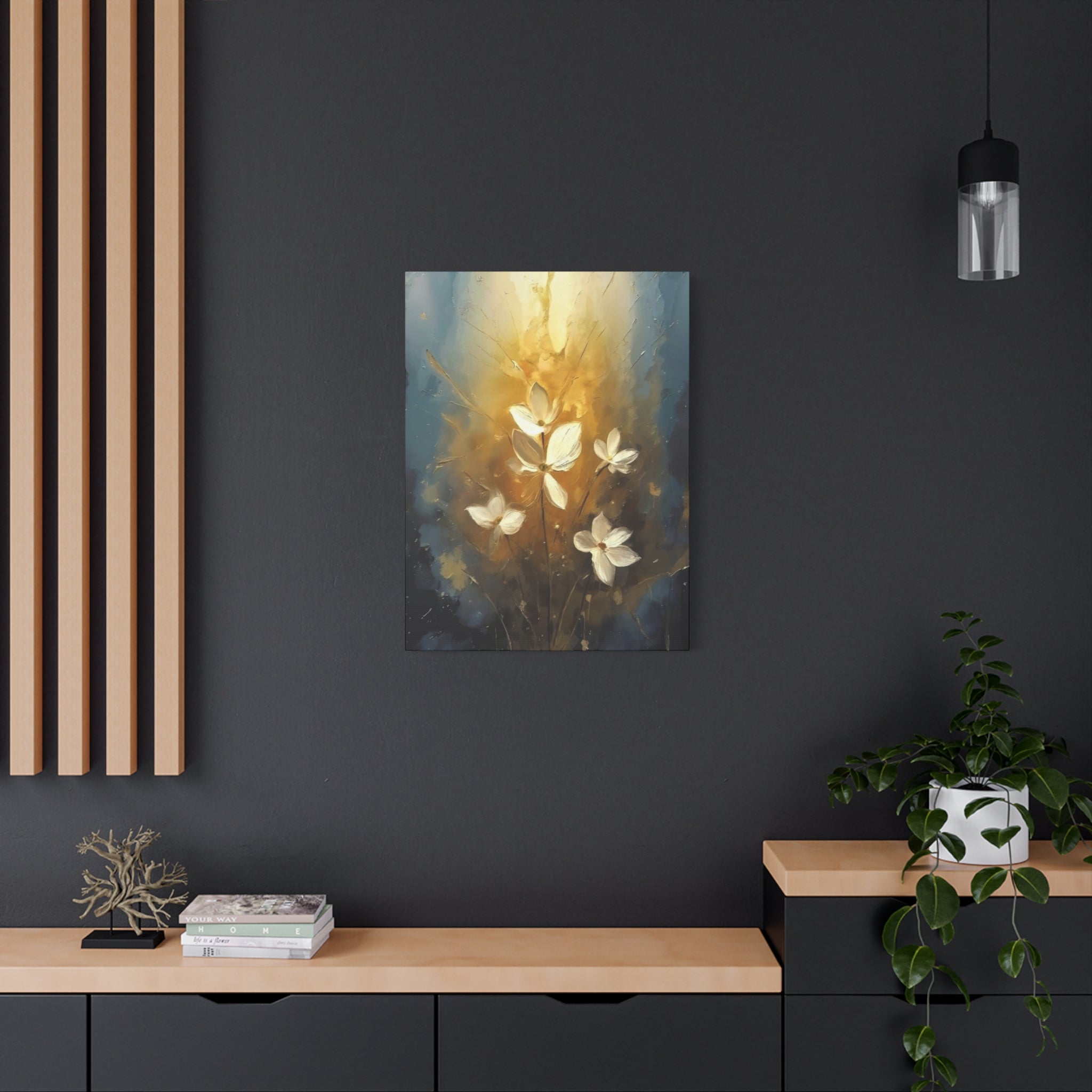 Golden Floral Canvas Print – Abstract White Flowers on Matte Stretched Canvas