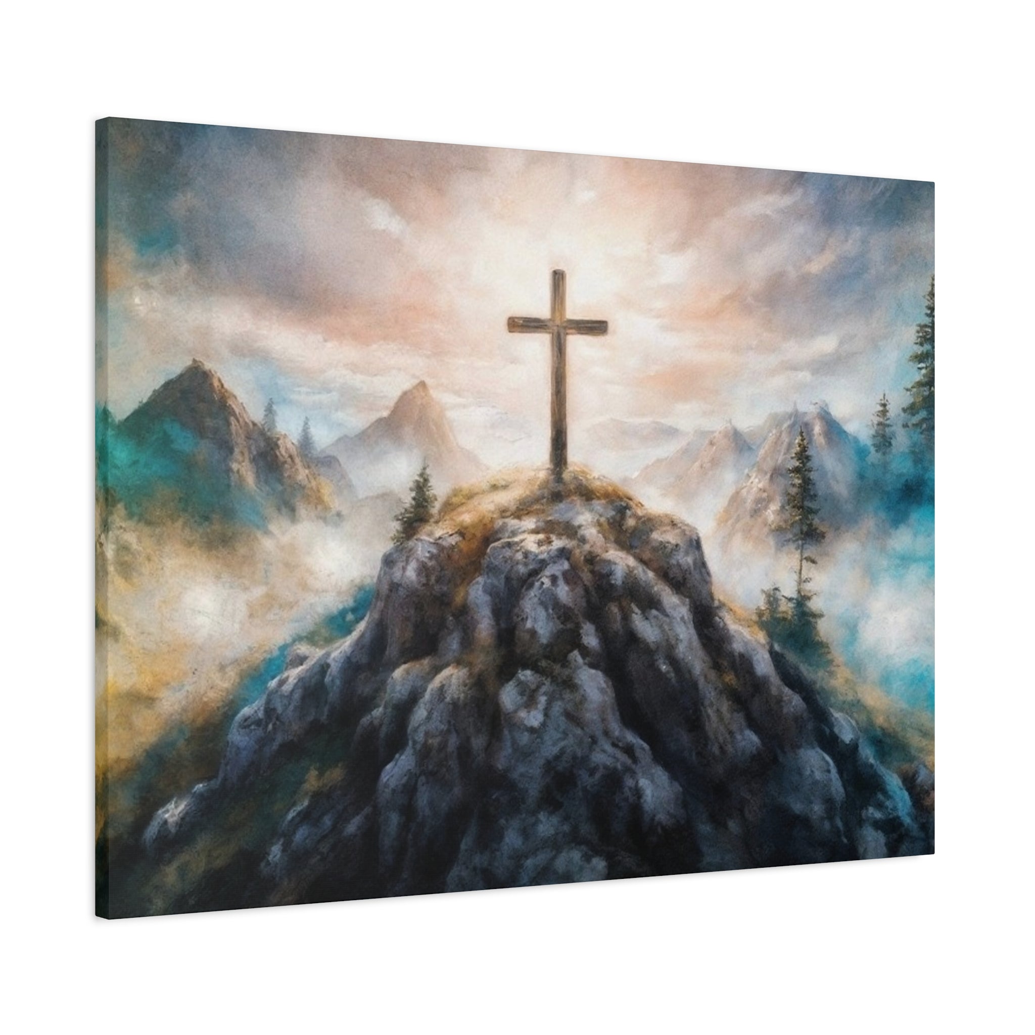 Cross on Mountain Matte Canvas Wall Art — Christian Inspirational Landscape