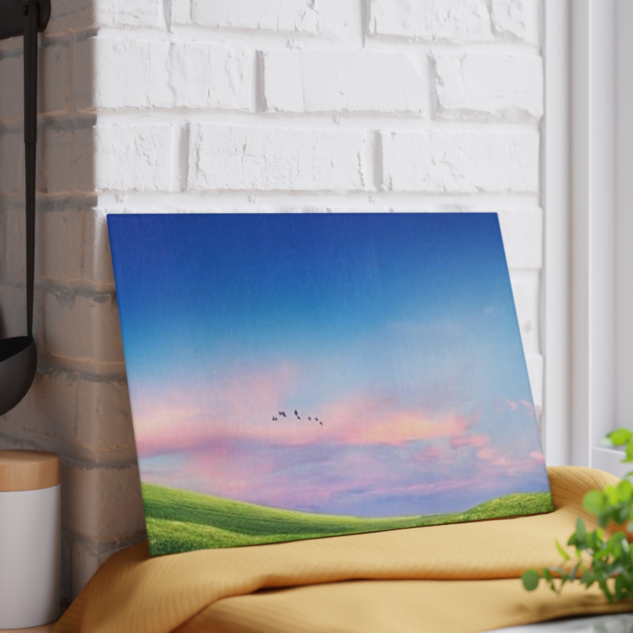Glass Cutting Board - Pastel Sunrise Landscape with Flying Birds