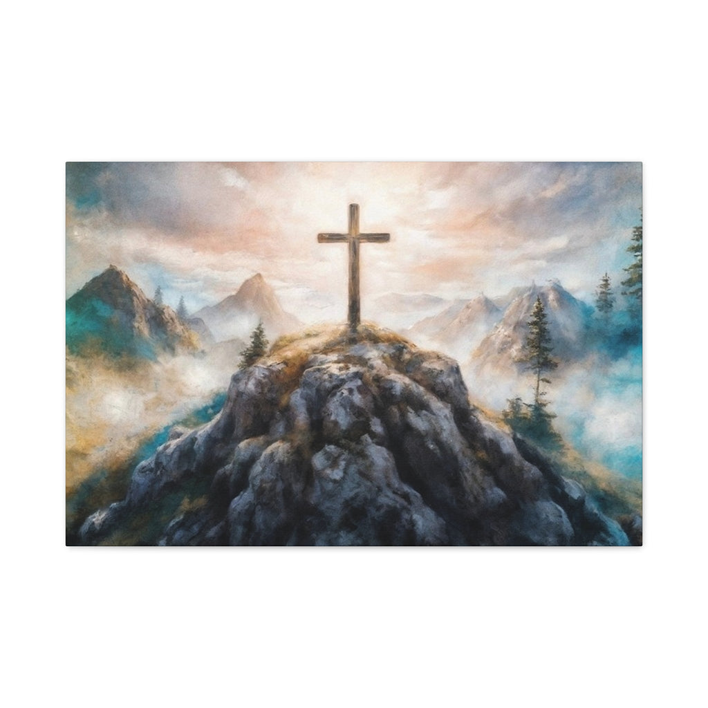 Cross on Mountain Matte Canvas Wall Art — Christian Inspirational Landscape