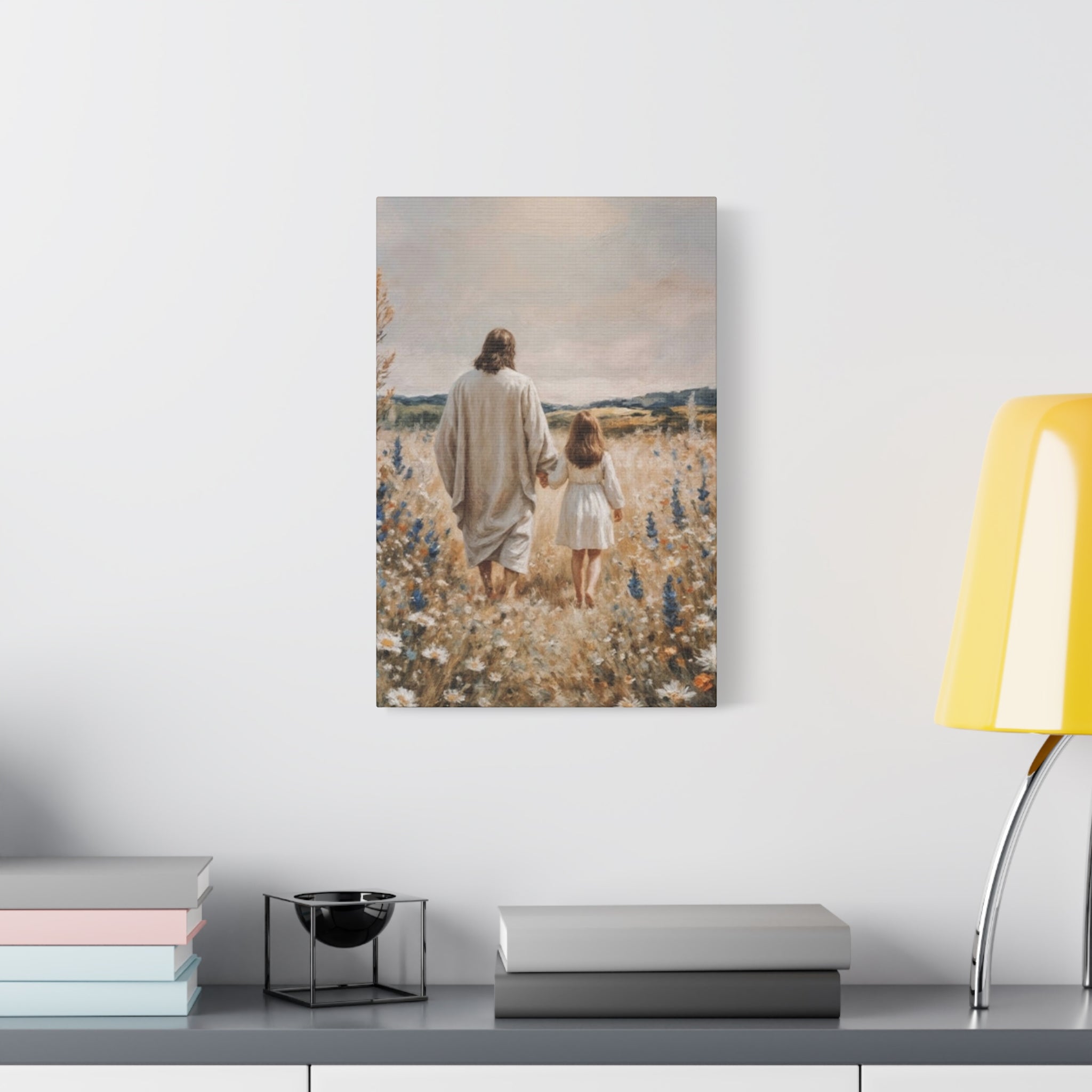 Jesus and Child Walking in Field Canvas Art - Religious Wall Decor
