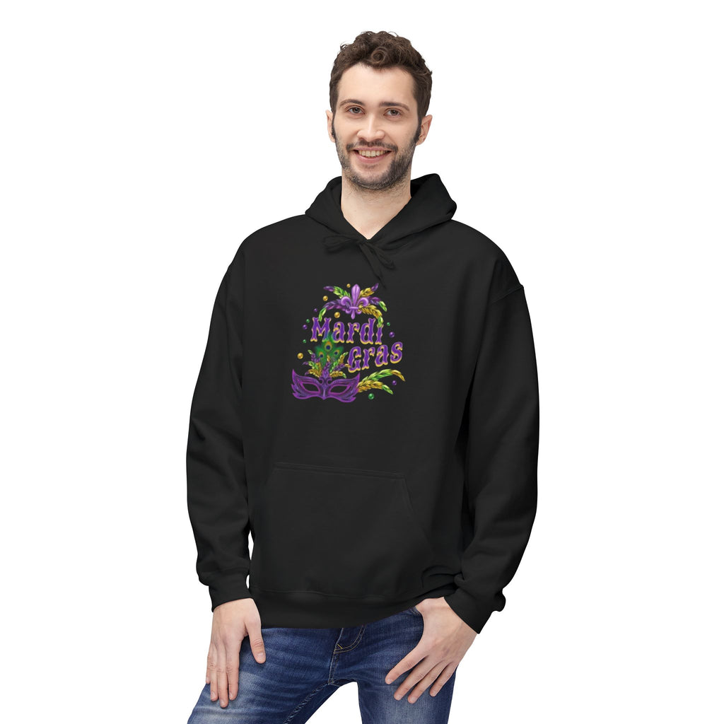 Mardi Gras Mask Hoodie — Purple Green Gold Carnival Pullover