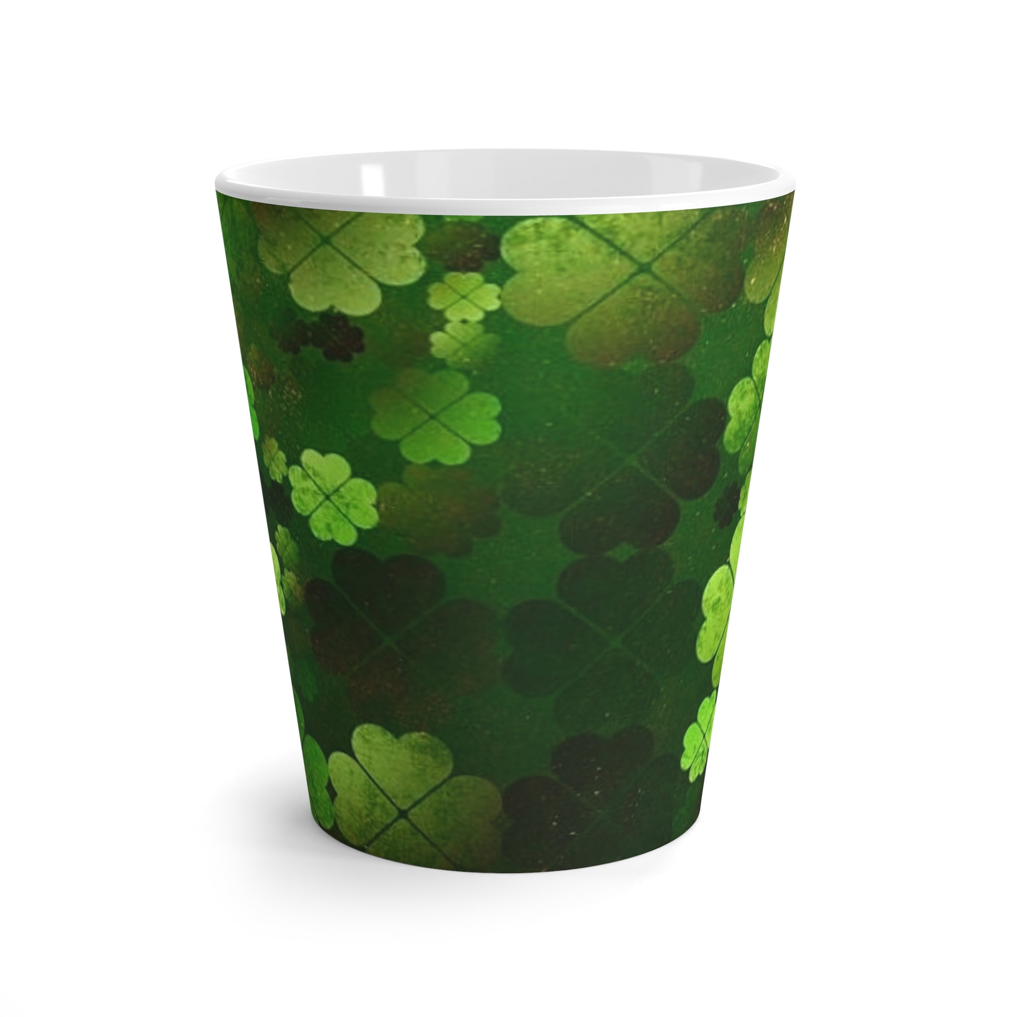 St. Patrick’s Clover Latte Mug — Green Four-Leaf Shamrock Pattern
