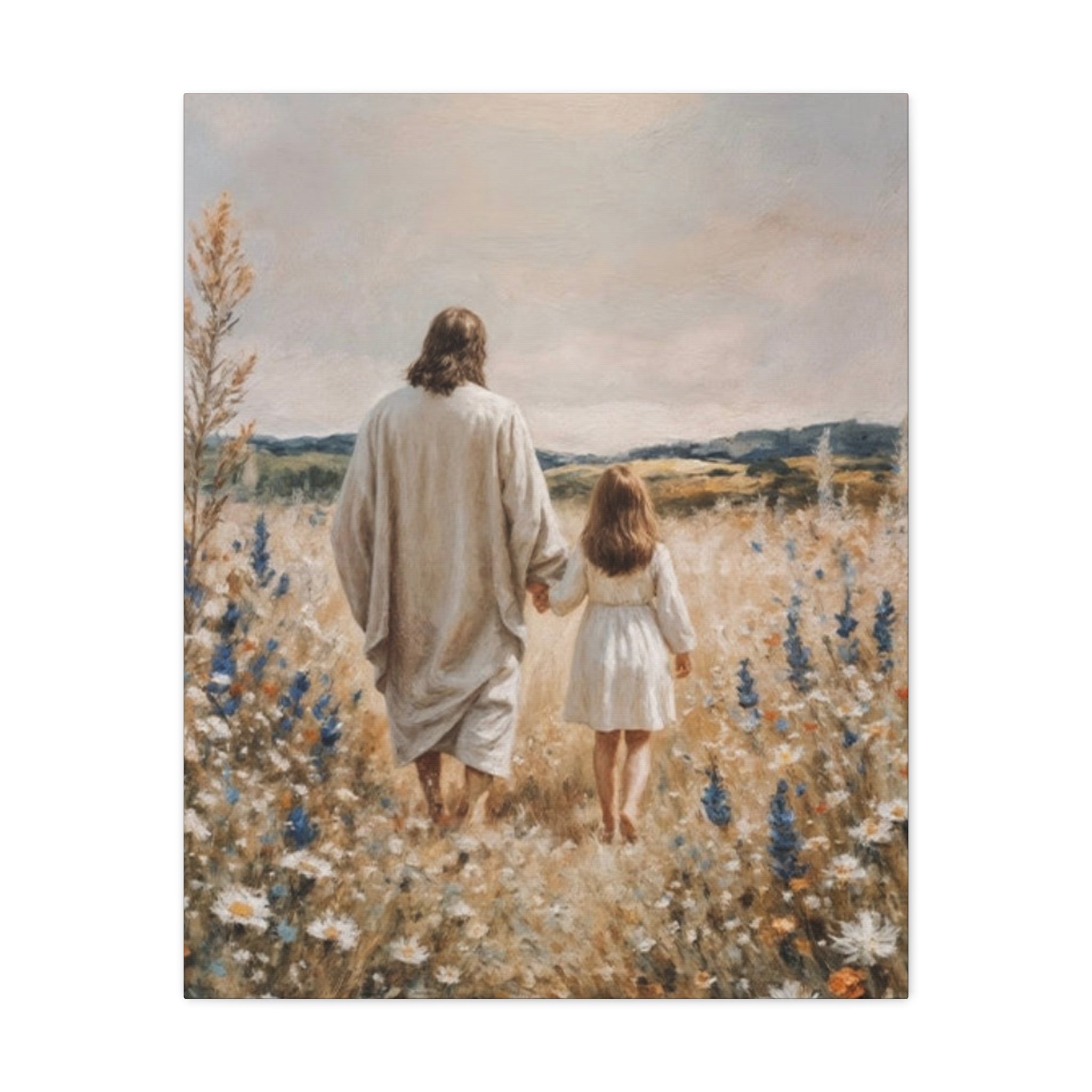Jesus and Child Walking in Field Canvas Art - Religious Wall Decor