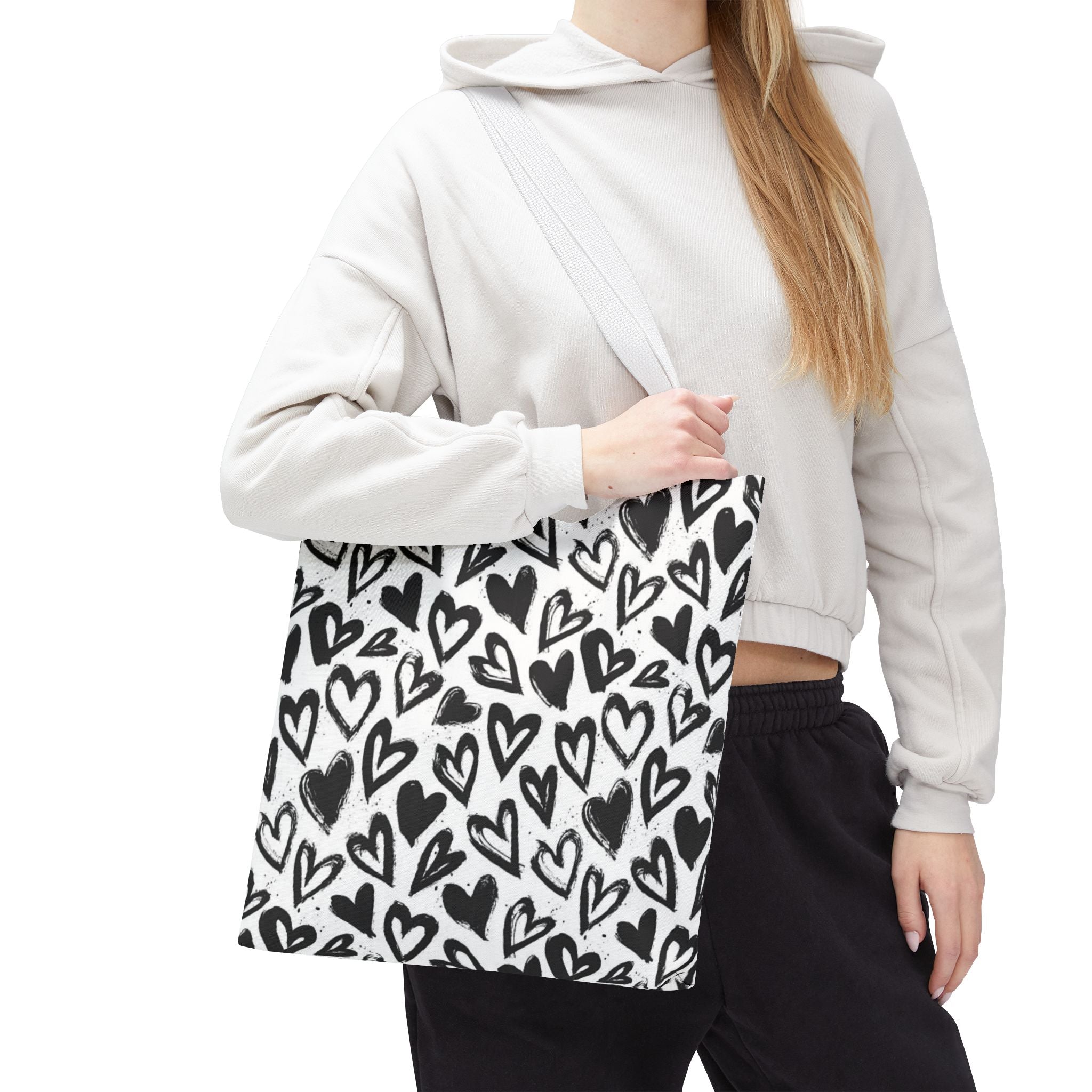 Heart Pattern Tote Bag — Black & White Hand-Drawn Hearts All-Over Print