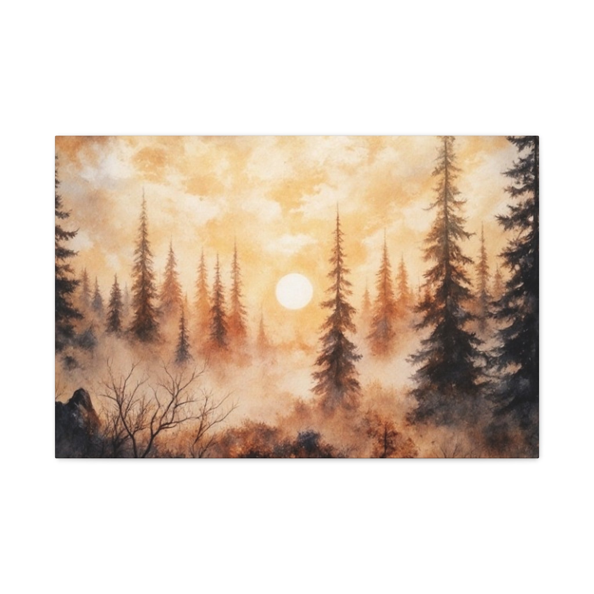 Canvas Wall Art - Misty Pine Forest Sunrise Matte Stretched Canvas
