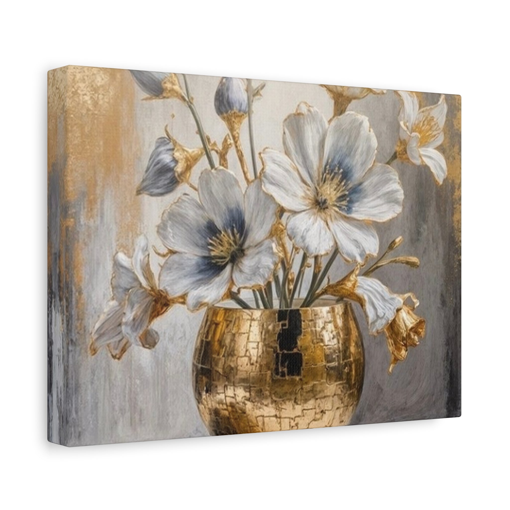 Floral Gold Vase Canvas Print — Elegant White & Blue Flower Wall Art