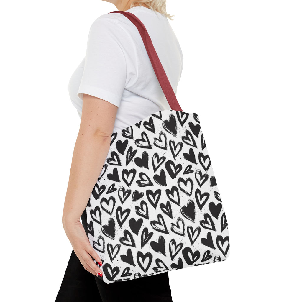 Heart Pattern Tote Bag — Black & White Hand-Drawn Hearts All-Over Print