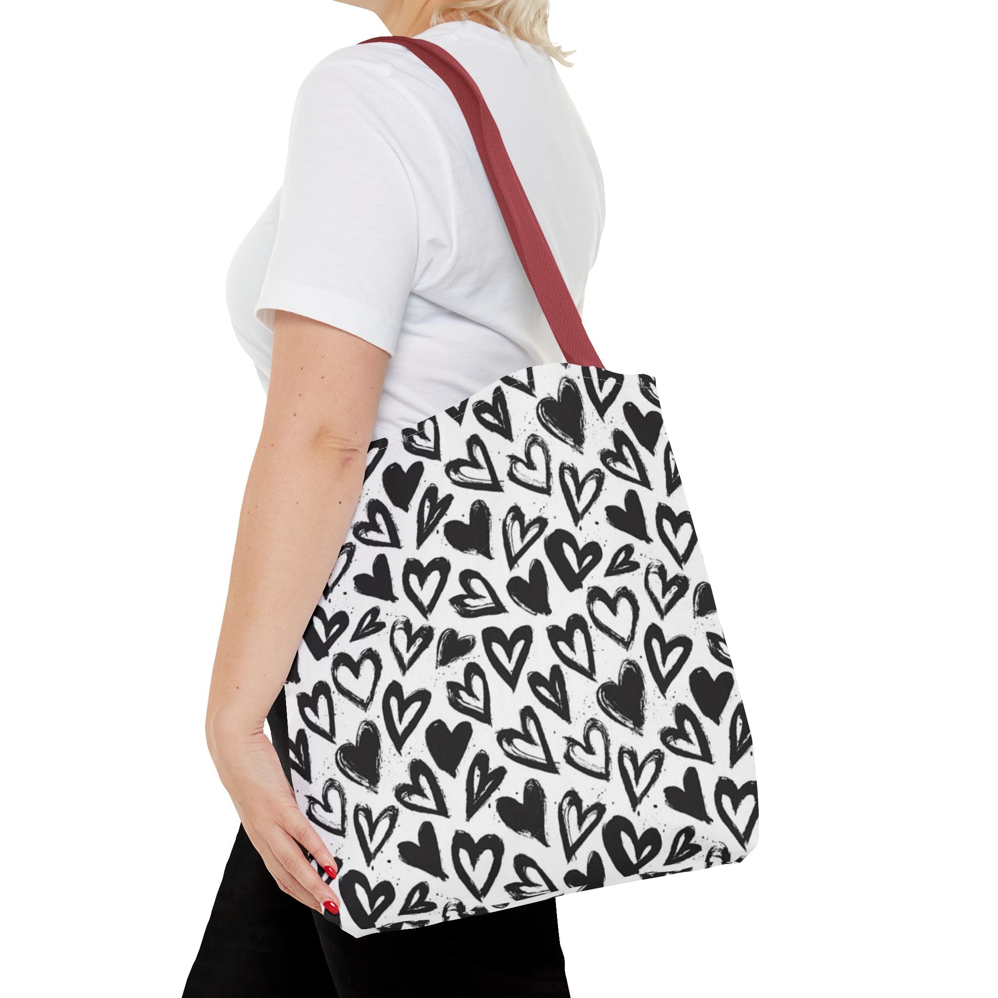 Heart Pattern Tote Bag — Black & White Hand-Drawn Hearts All-Over Print