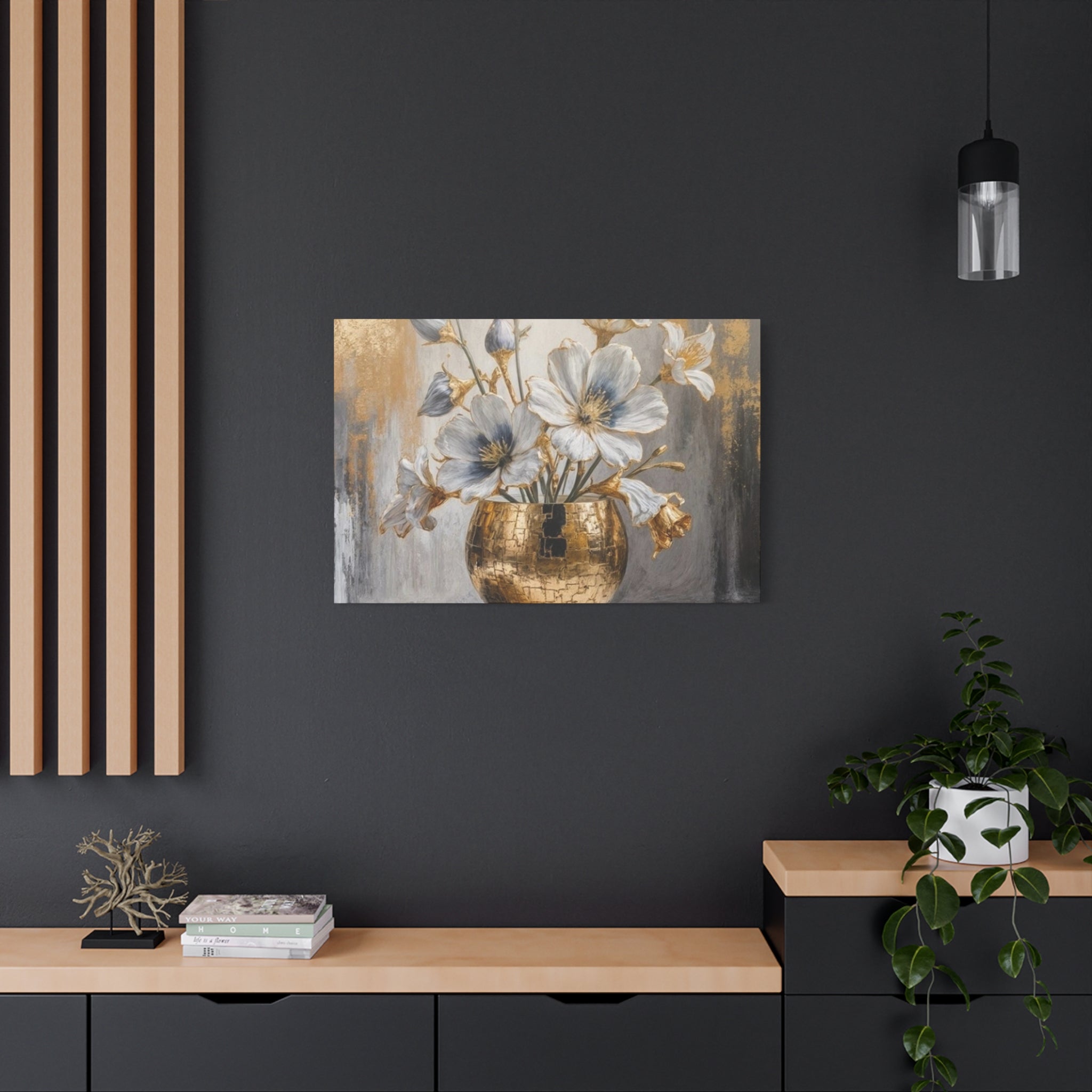 Floral Gold Vase Canvas Print — Elegant White & Blue Flower Wall Art