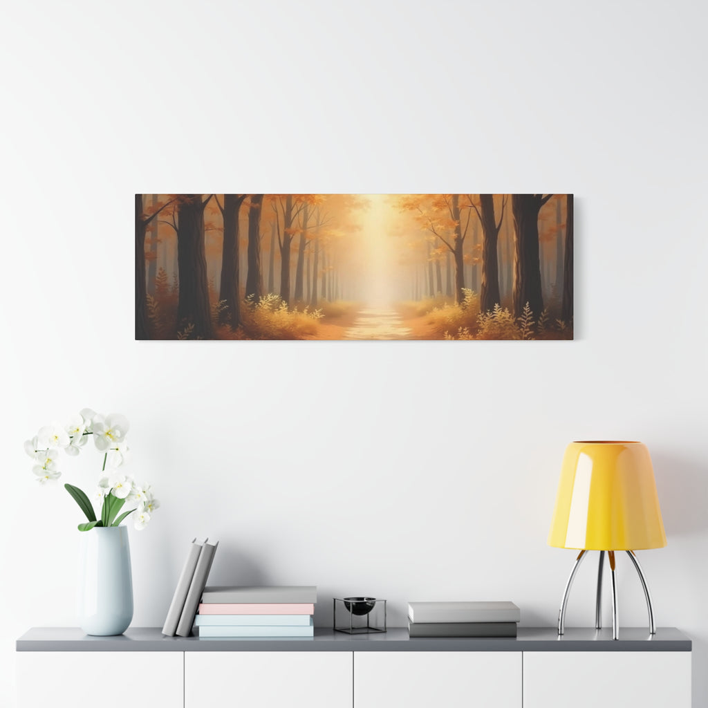 Autumn Forest Path Matte Canvas Wall Art — Golden Sunlit Woodland Scene
