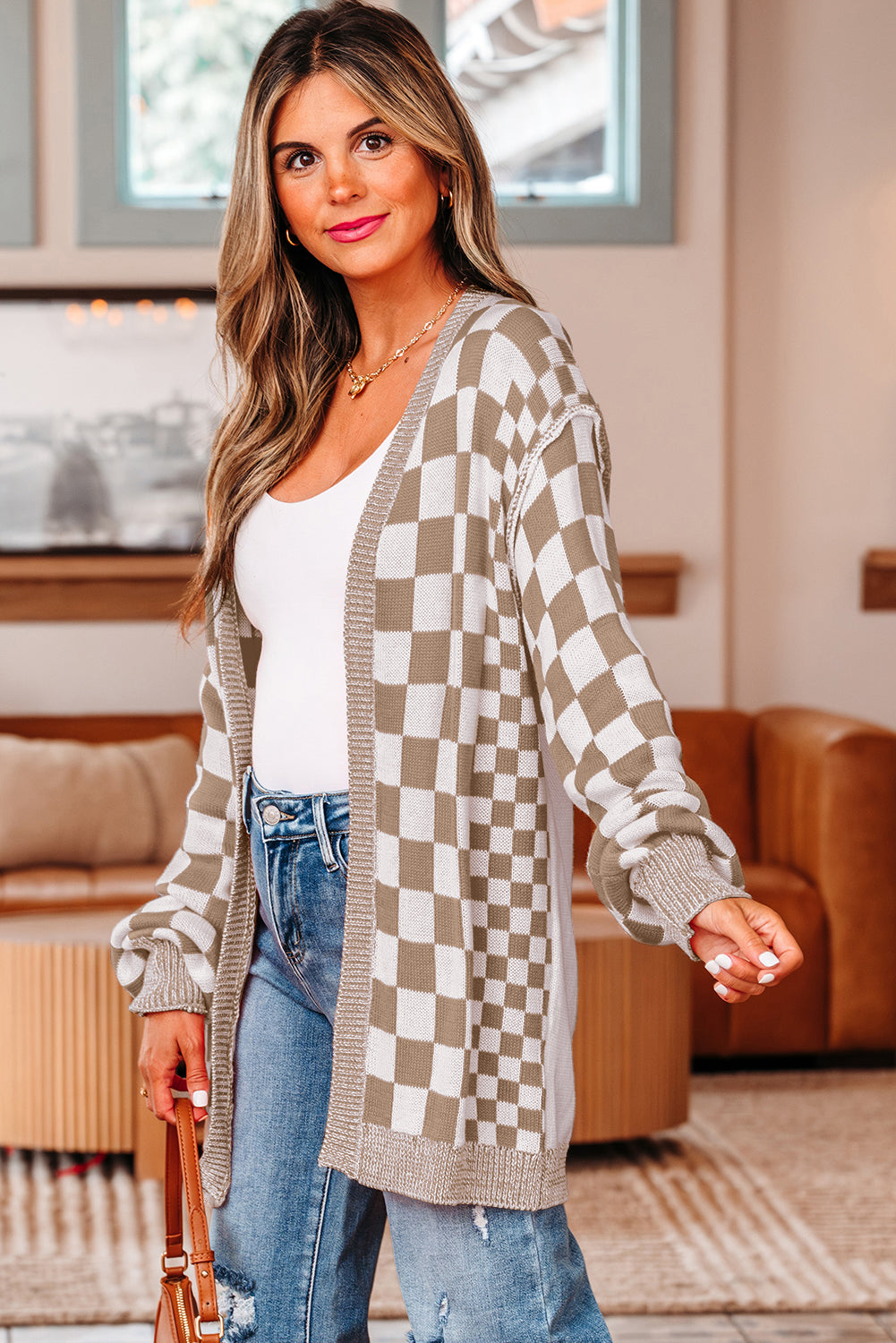 Checkered Drop Shoulder Cardigan