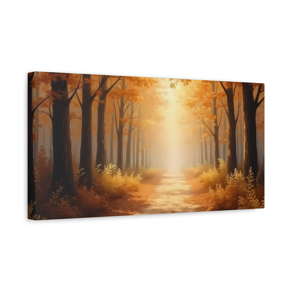 Autumn Forest Path Matte Canvas Wall Art — Golden Sunlit Woodland Scene